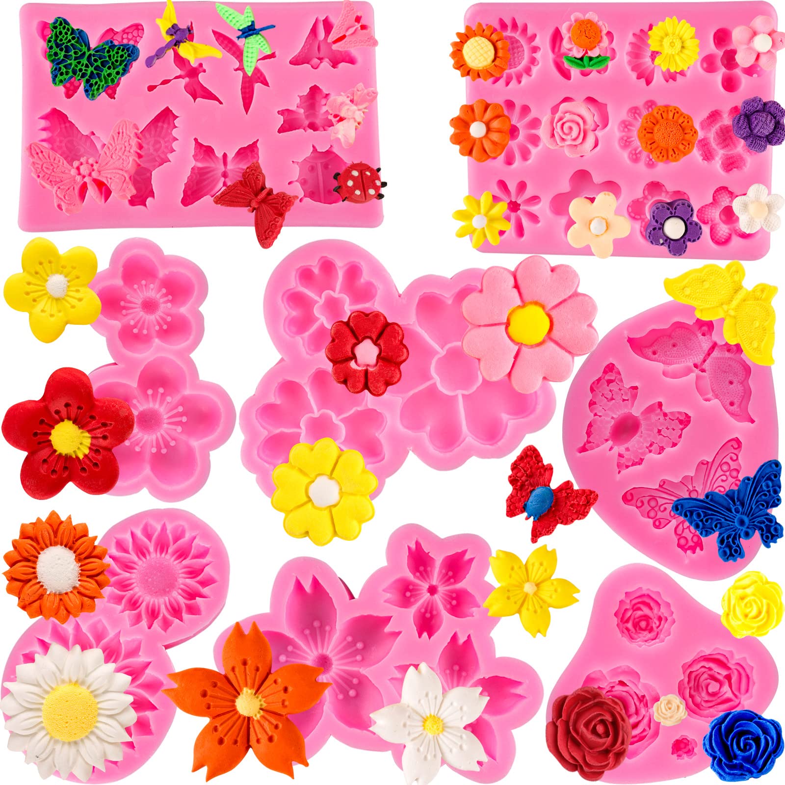 8-Piece Flower Silicone Mold Set for Cake Decorating - Rose, Butterfly & Leaf Shapes for Cupcakes, Cake Pops, Candy & Soap Making - Perfect for Baking, DIY Crafts & Party Decorations
