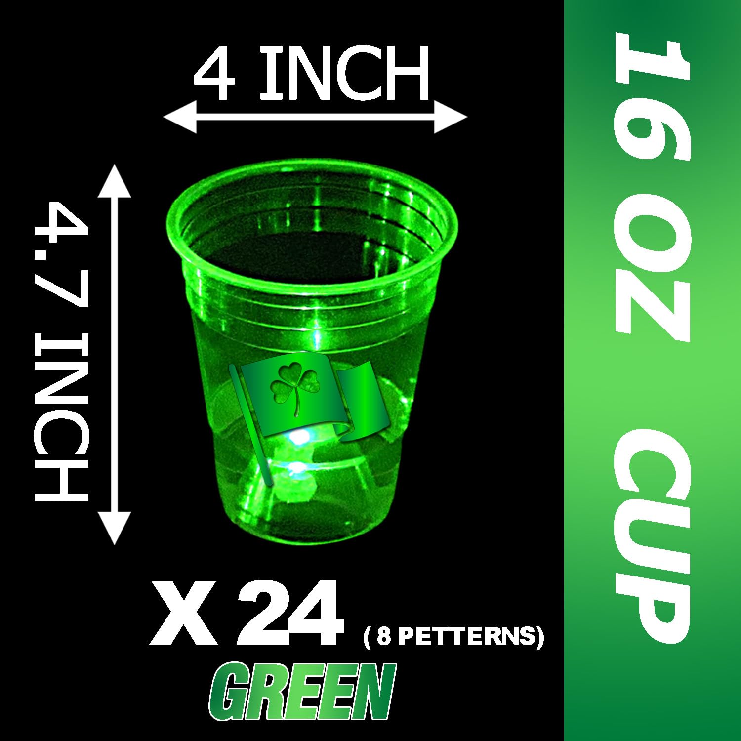 24 Pack Glow in the Dark St. Patrick's Day Party Cups - 16oz Shamrock Themed Disposable Cups for Nighttime Celebrations, Indoor/Outdoor St. Patty's Day Decorations & Party Favors - Perfect for Bar Crawls, Parades, Irish Themed Weddings & Pub Parties