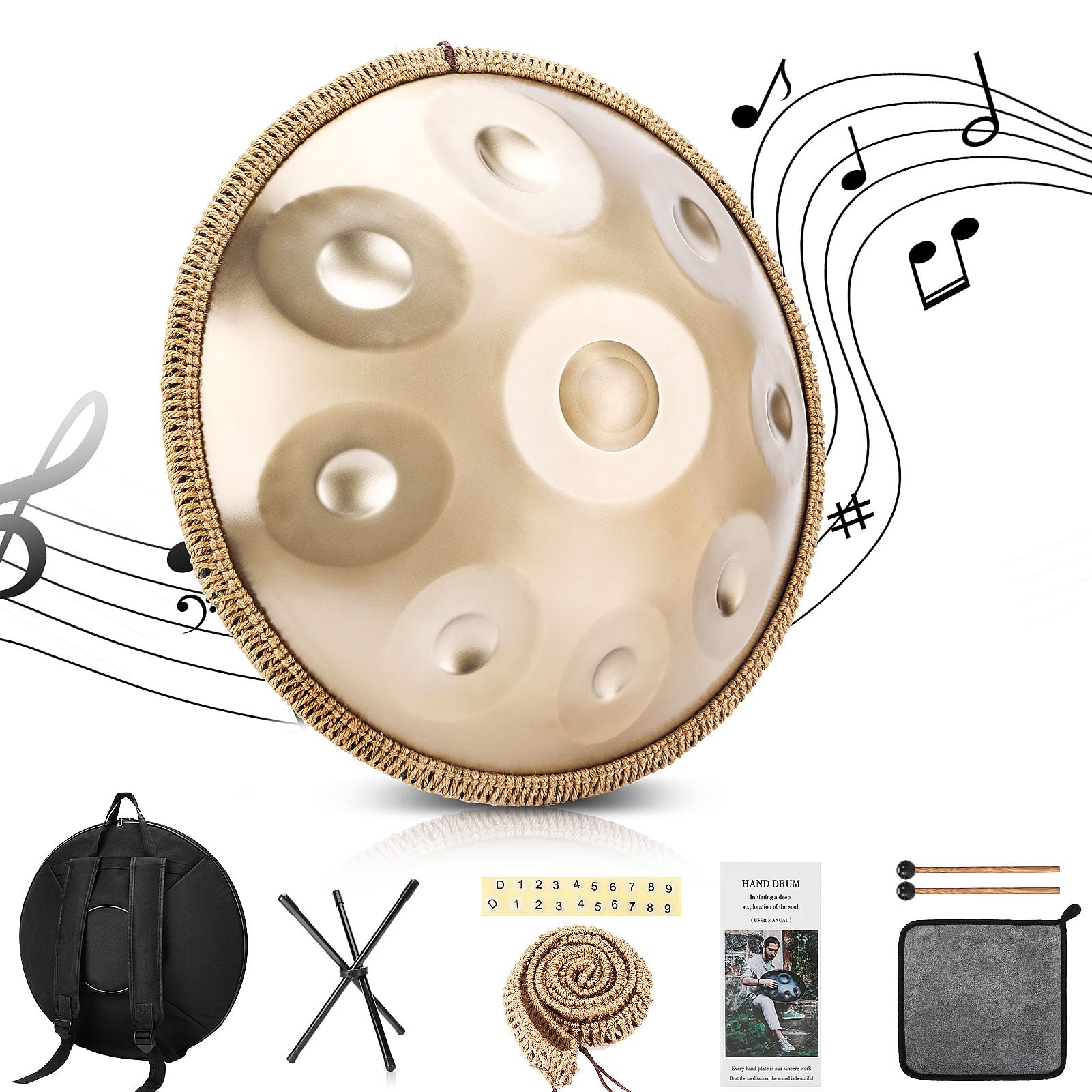 Premium 22-Inch Handpan Drum Set - 440Hz 9-Note Steel Hand Drum with Carrying Case, Drumsticks & Instructional Guide | Perfect for Meditation, Yoga, Music Therapy & Outdoor Performances