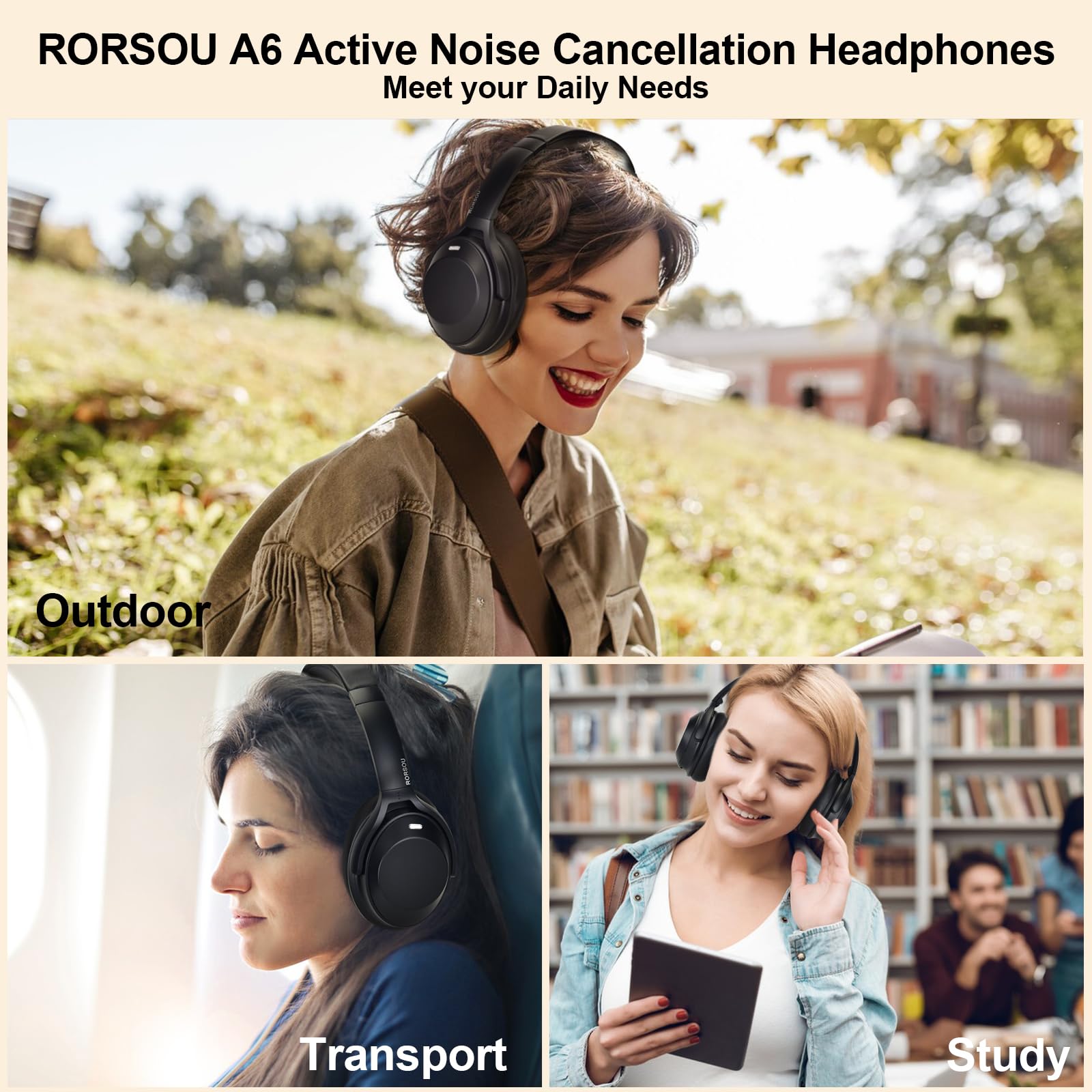 RORSOU A6 Hybrid Active Noise Cancelling Wireless Bluetooth Headphones with Mic, Transparent Mode & HiFi Stereo Sound - Over Ear Headset with Memory Foam Ear Cups, Low Latency for Gaming & Travel (Black) - Perfect for Commuting, Office Work & Music Lovers