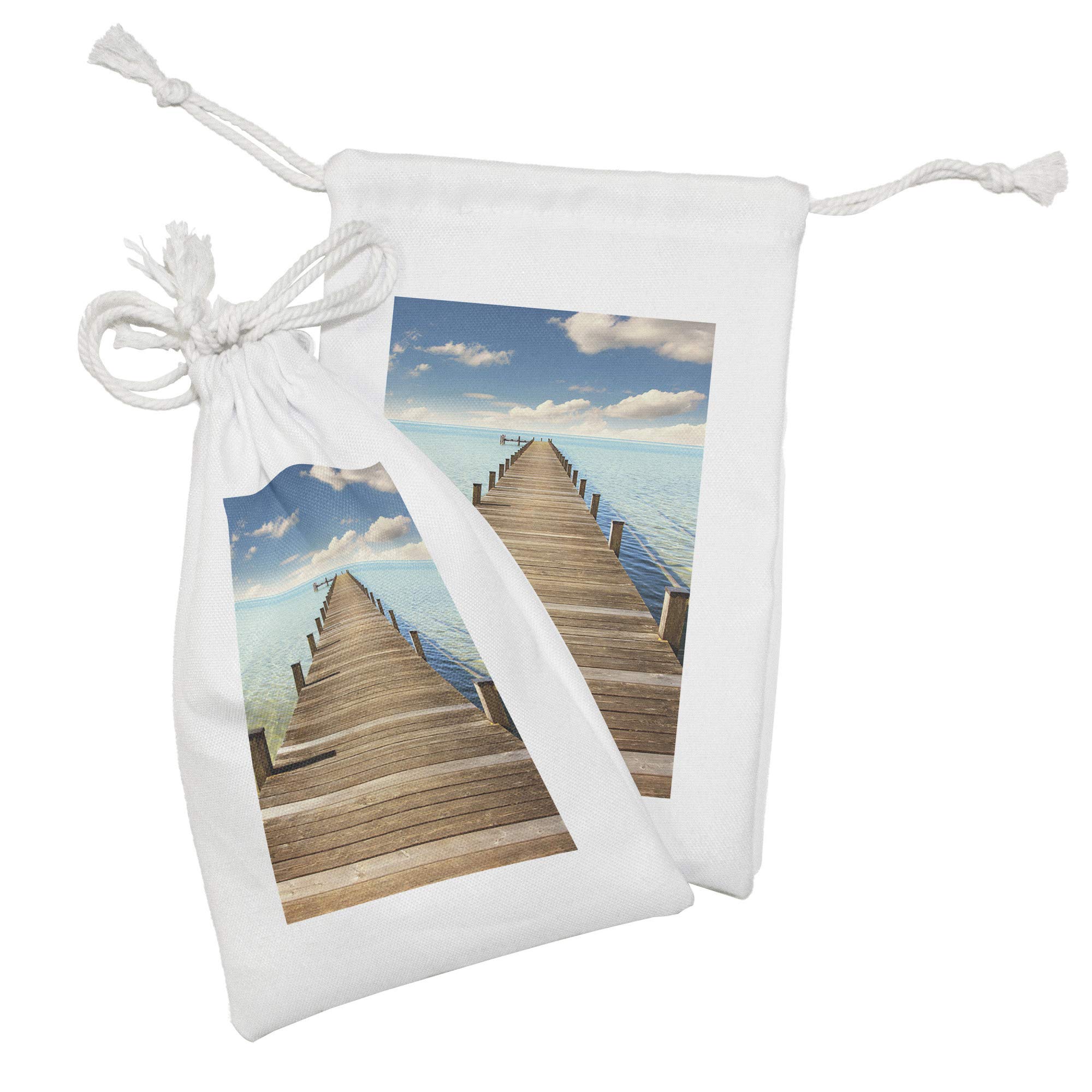 Ambesonne Wooden Bridge Fabric Pouch Set of 2 - Tropical Ocean Landscape Drawstring Bags for Toiletries, Masks & Party Favors (9