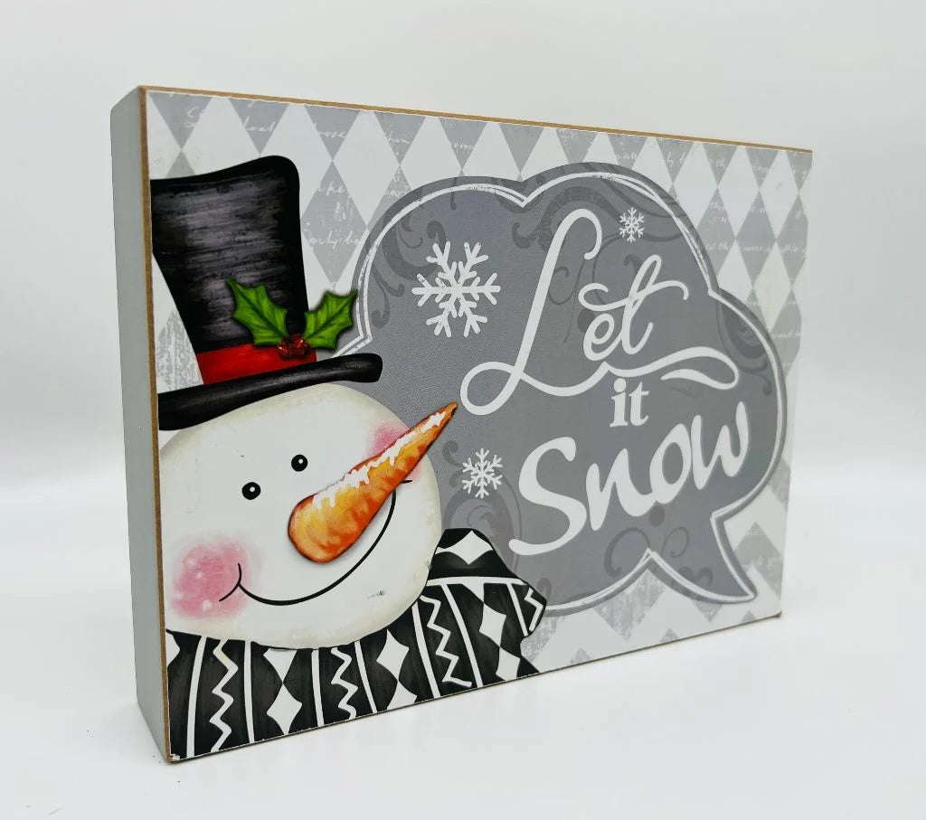 7.8 Inch Holiday Snowman Wood Block Sign - Rustic Christmas Home Decor for Mantel, Tabletop, and Seasonal Display