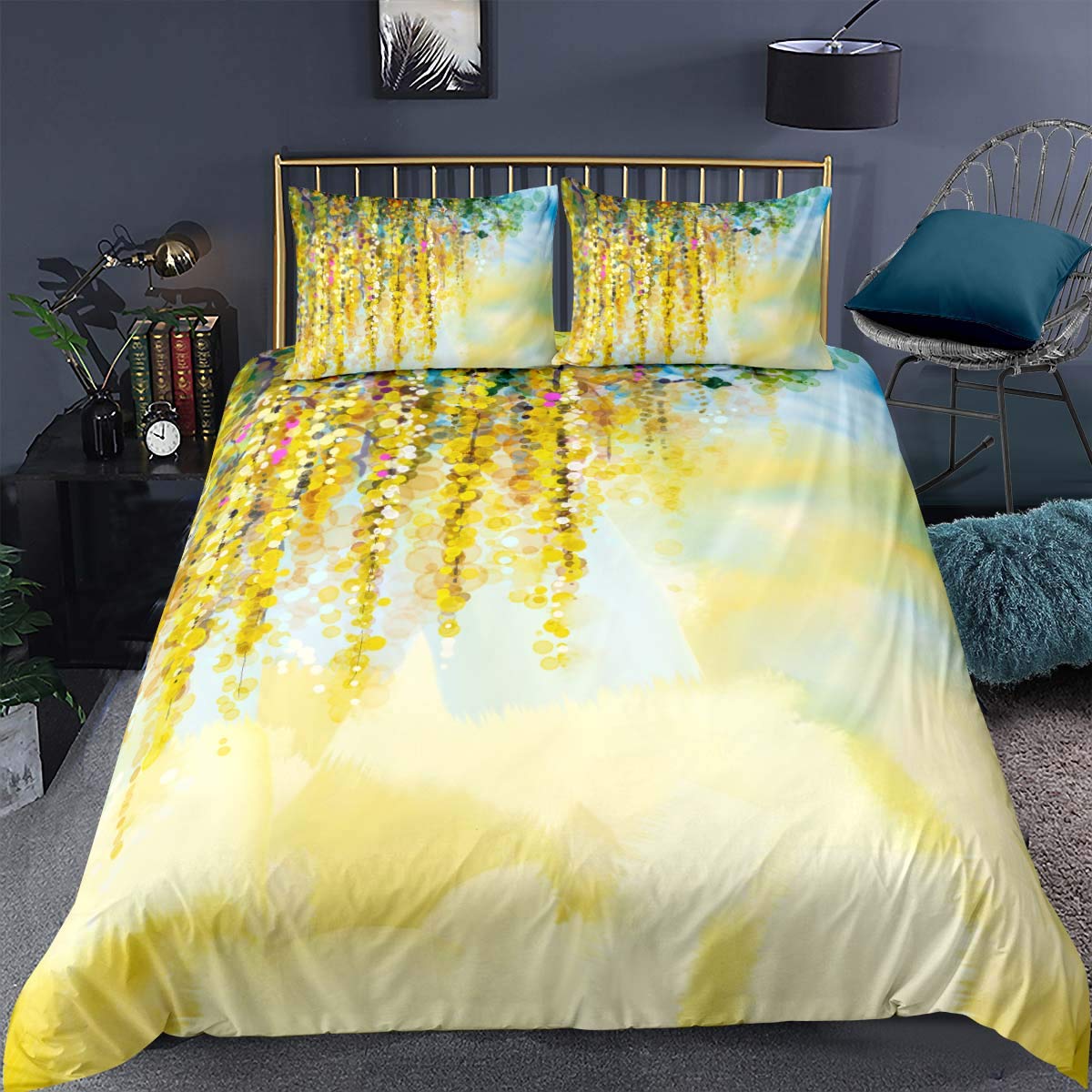Feelyou Antler Comforter Cover Set - King Size 3-Piece Bedding with Golden Yellow Wisteria Floral Print (1 Duvet Cover + 2 Pillow Shams) | Blue & Yellow Bohemian Style Home Decor for Master Bedroom, Guest Room & Dorm
