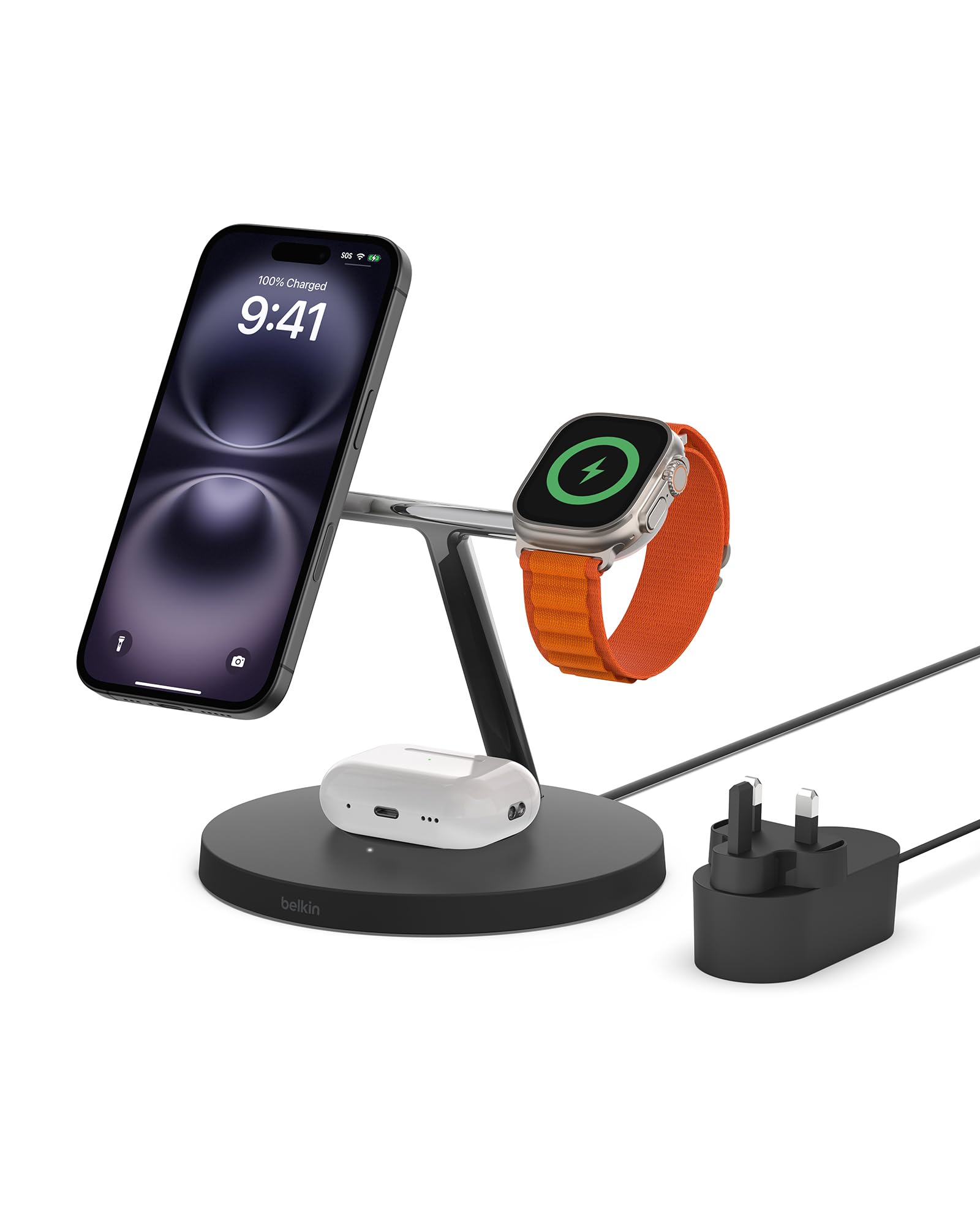 Belkin MagSafe 3-in-1 Wireless Charging Station - 15W Fast Wireless Charger for iPhone 16/15/14/13/12 Series, Apple Watch 10/9/8/SE/Ultra & AirPods | Compact Charging Stand for Home, Office & Travel | Sleek Black Design