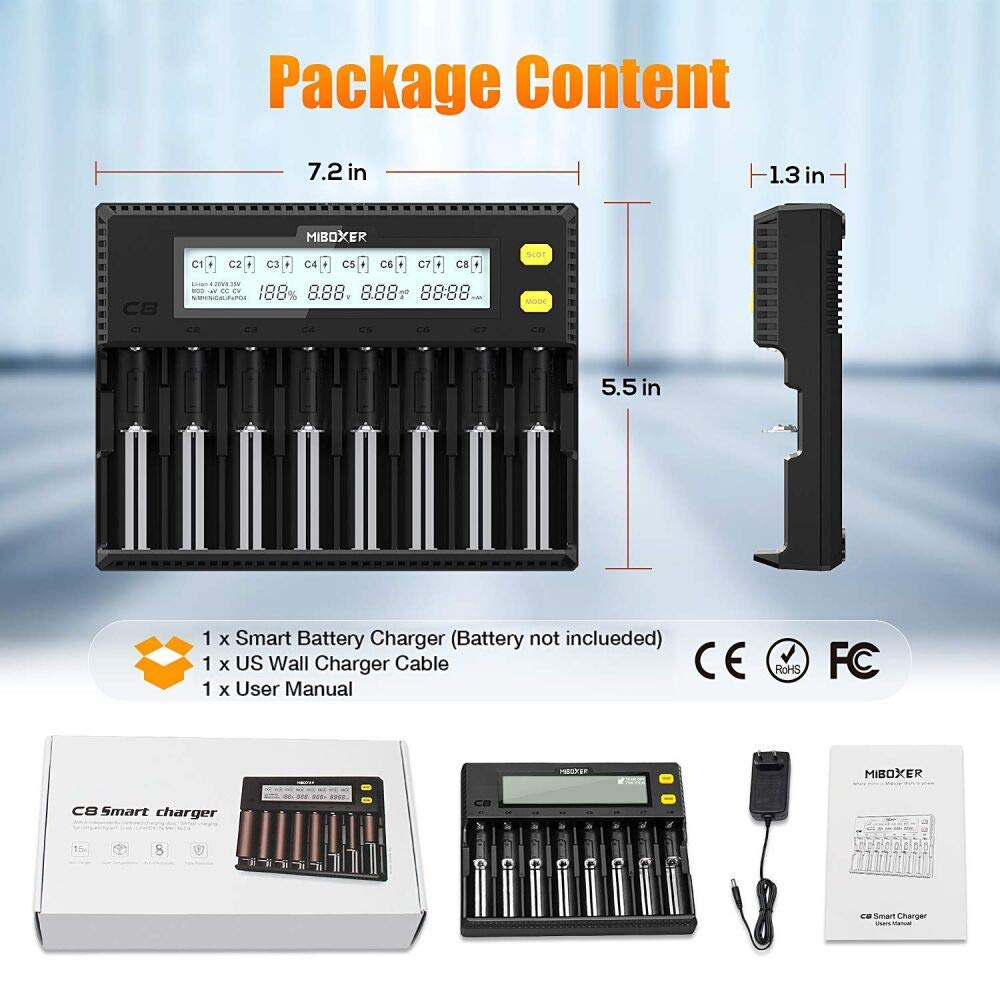 MiBOXER 8-Bay Smart Battery Charger for 18650, 21700, 26650, AA, AAA, C - Fast Charging LCD Display for Li-ion, LiFePO4, Ni-MH, Ni-Cd Batteries - Perfect for Vaping, Flashlights, and Electronic Devices