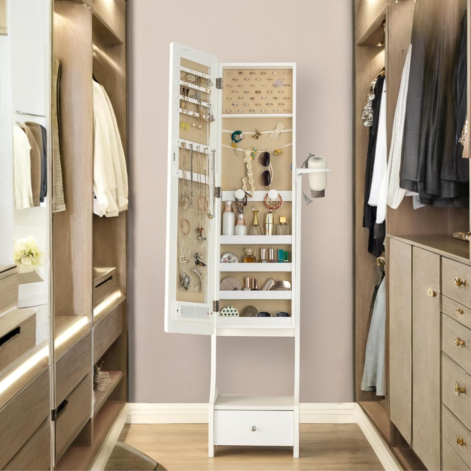 LUXFURNI Full Length Mirror Jewelry Armoire with Storage - Lockable Standing Jewelry Cabinet Organizer for Bedroom, Closet & Dressing Room - White
