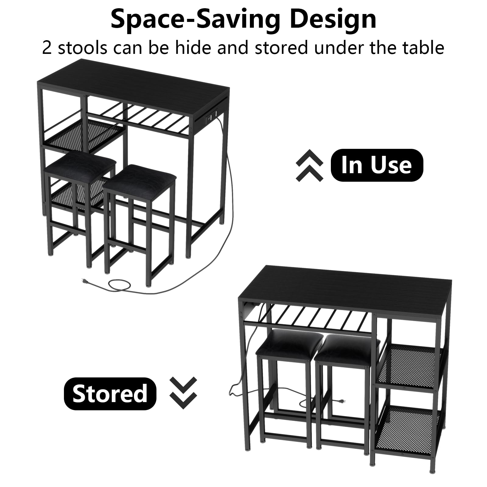 Modern Black Bar Table and Chairs Set with Power Outlet, 3-Piece Pub Table Set with 2 Storage Shelves, Wine Rack & Glass Holder - Perfect for Living Room, Dining Room, Small Apartment, and Outdoor Patio