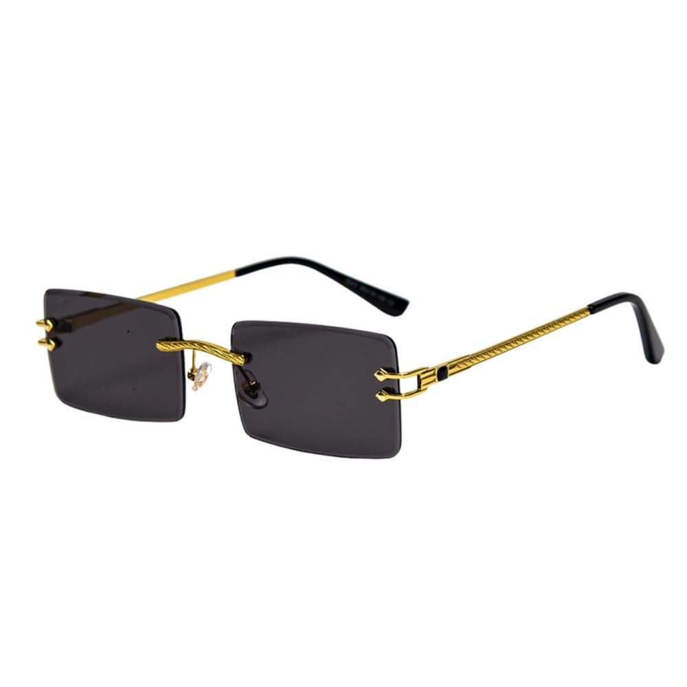 Vintage 90s Retro Hip Hop Sunglasses for Men & Women - Gold Wire Frame Metal Arm Rimless Square Rectangular Sun Glasses with Dark Black Tint - Perfect for Streetwear, Hip Hop Fashion, and 90s Vintage Style