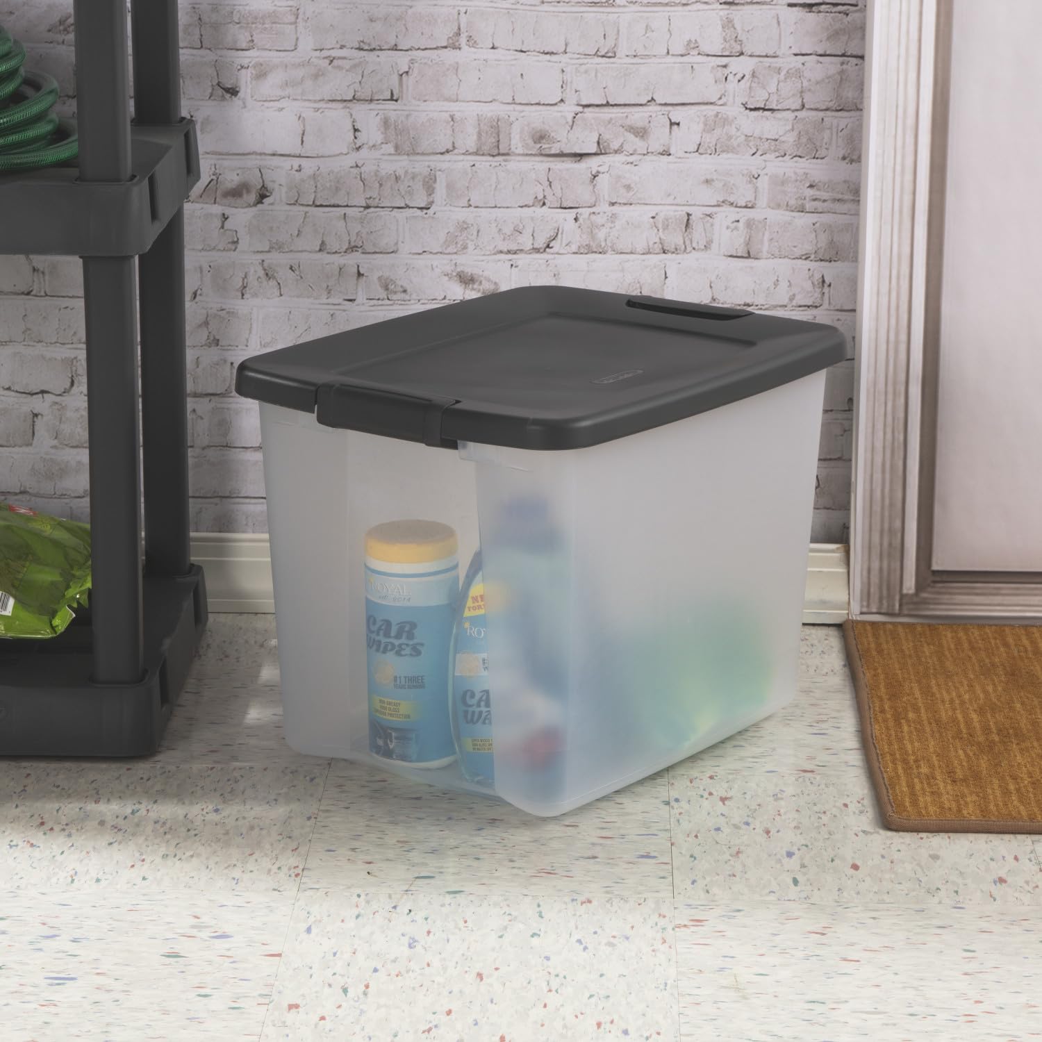 Sterilite 19376406 50-Quart Storage Bins with Lids - 6-Pack Stackable Shelf Totes in Driftwood & Platinum for Home Organization, Closet, Garage, and Office Storage Solutions