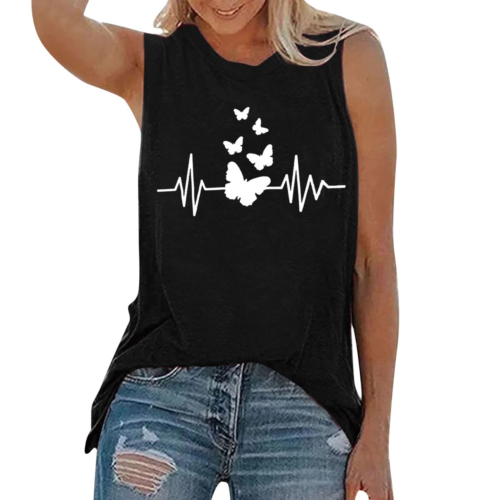 Women's Sleeveless Loose Tunic Blouse - Butterfly Print Crew Neck Graphic Tank Top for Summer | Casual Wear, Beach Outfits, Yoga & Vacation Essentials