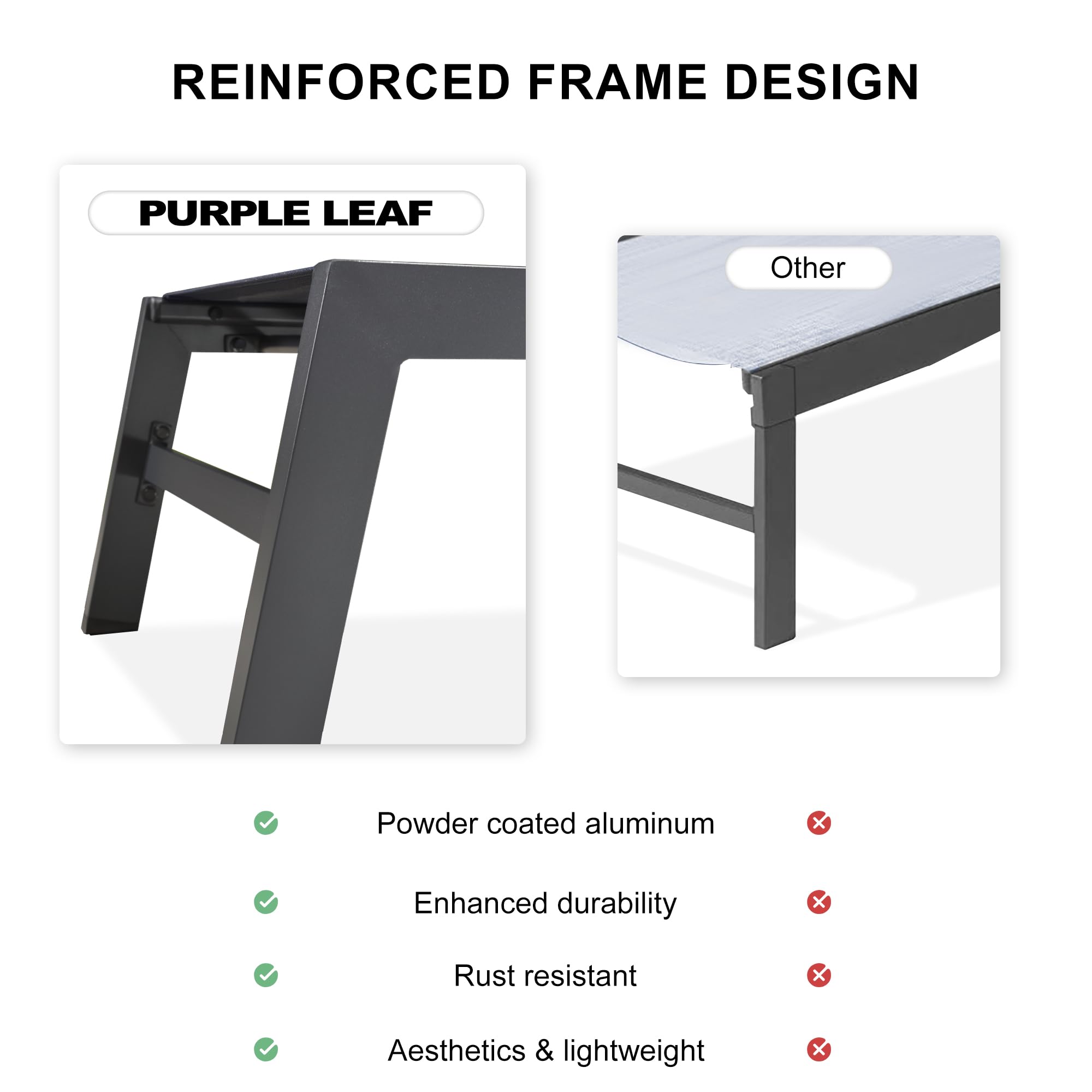 PURPLE LEAF Outdoor Chaise Lounge Set of 2 - Aluminum Patio Lounge Chairs with Wheels & Side Table - Grey Poolside Chaise Lounges for Backyard, Garden, Pool Area Relaxation