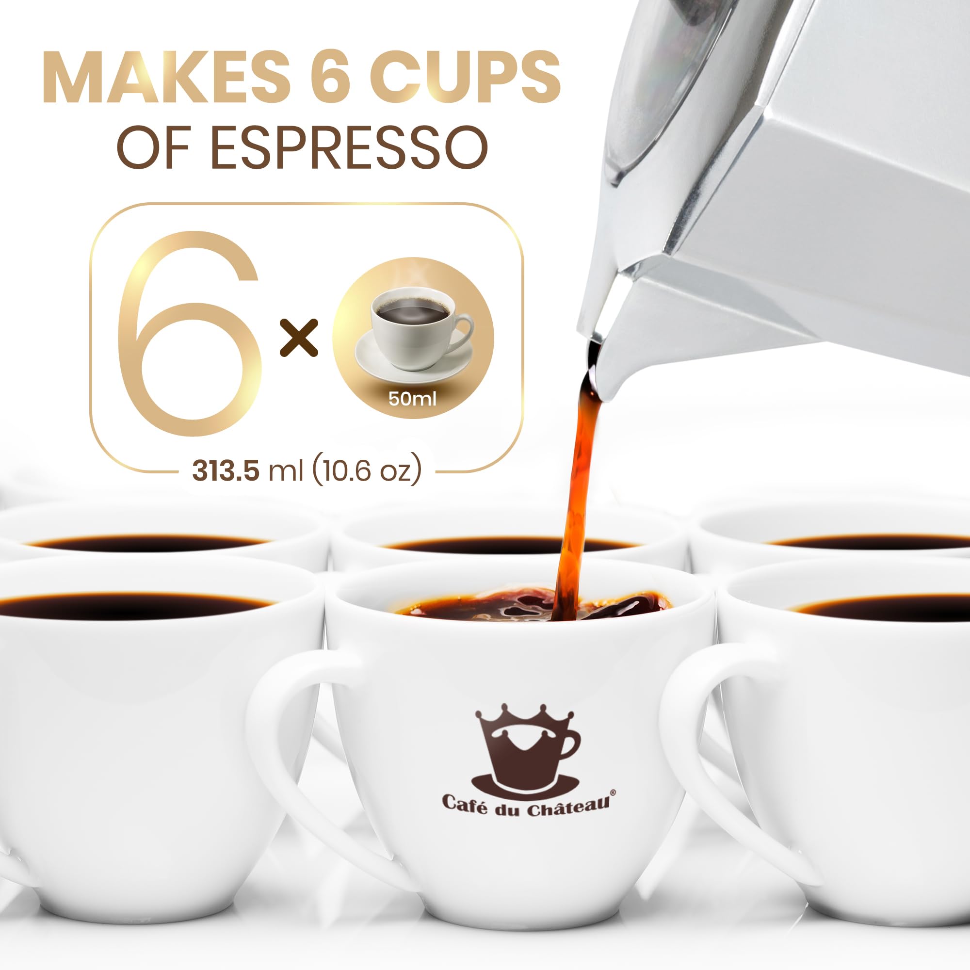 Cafe Du Chateau 6-Cup Espresso Maker & Coffee Percolator - Transparent Lid, High-Gloss Finish with Clip Spoon - Perfect for Camping, Home & Office Use