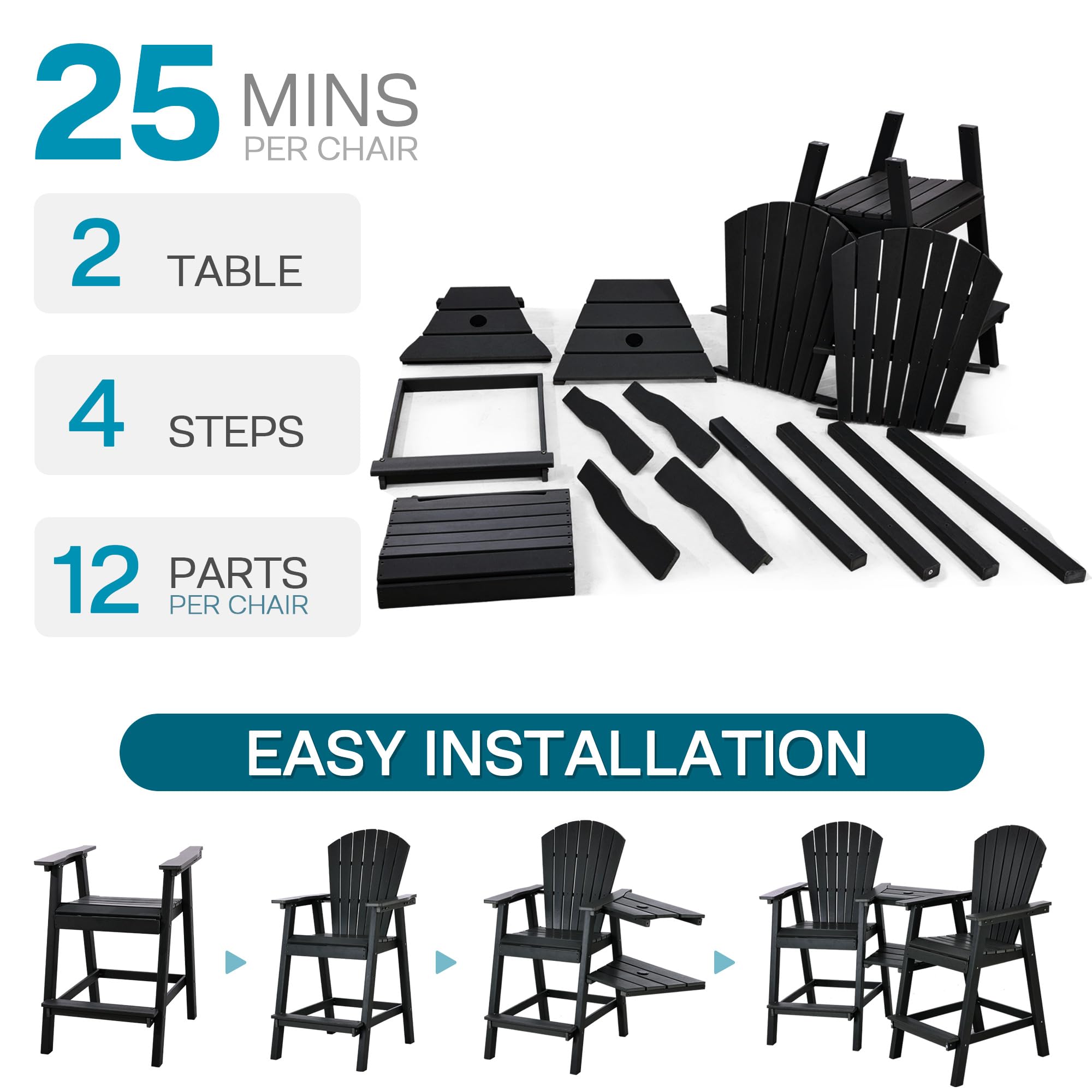 Premium HDPE Tall Adirondack Chairs Set of 2 with Double Connecting Tray - Weather-Resistant Outdoor Bar Stools for Patio, Deck, Backyard, Balcony (Black) - Perfect for Relaxing, Entertaining, and Outdoor Dining