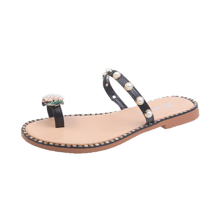 Buttery Soft Women's House Slippers - Comfortable Solid Style Bohemian Sandals with Pearl Accents for Casual Wear & Beach (Black, Size 9) | Perfect for Indoor Lounging, Spa Days & Summer Vacation