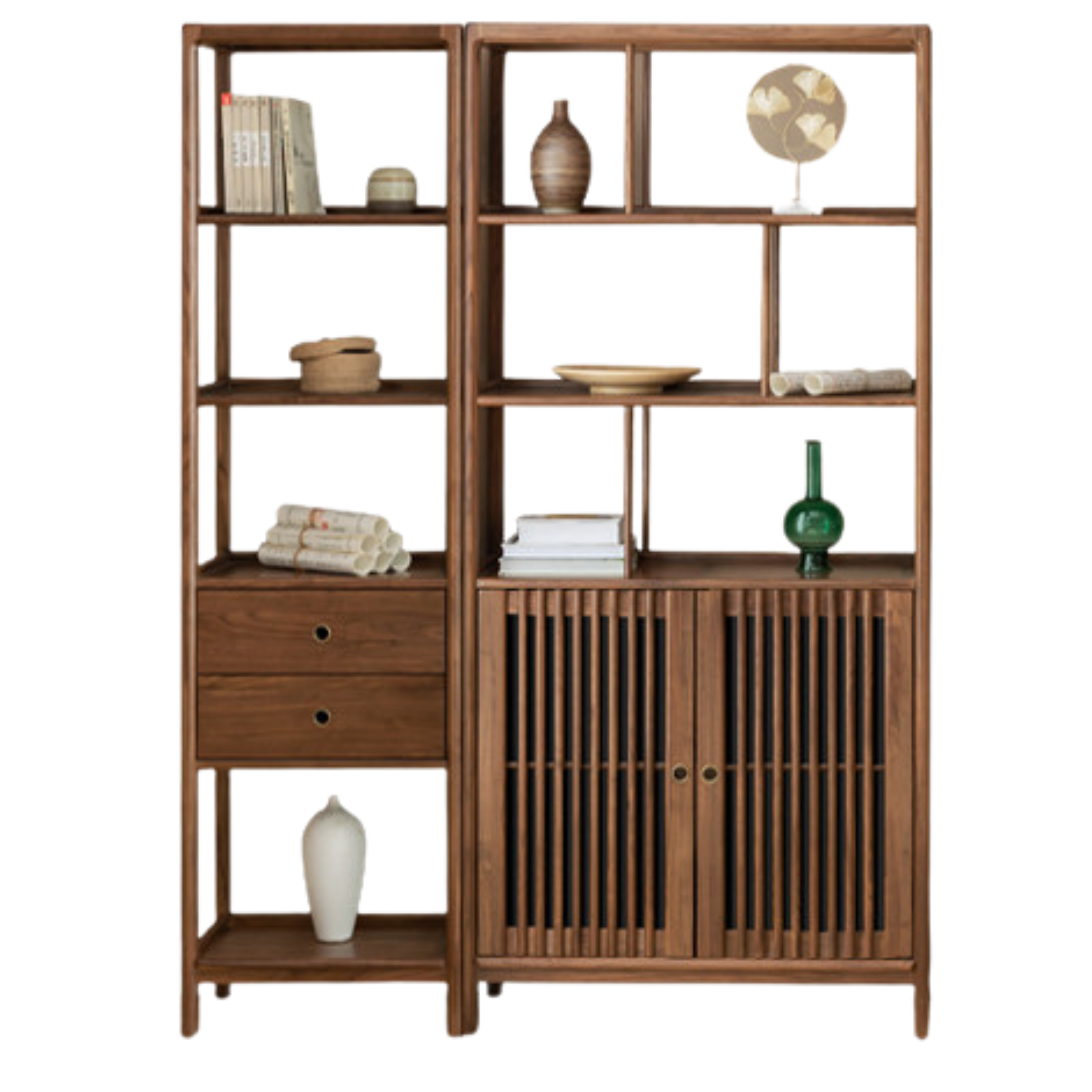 Solid Black Walnut & Ash Wood Bookshelf - Modern Bookcase with Display Cabinet & Wall Shelf for Living Room, Office & Library Storage
