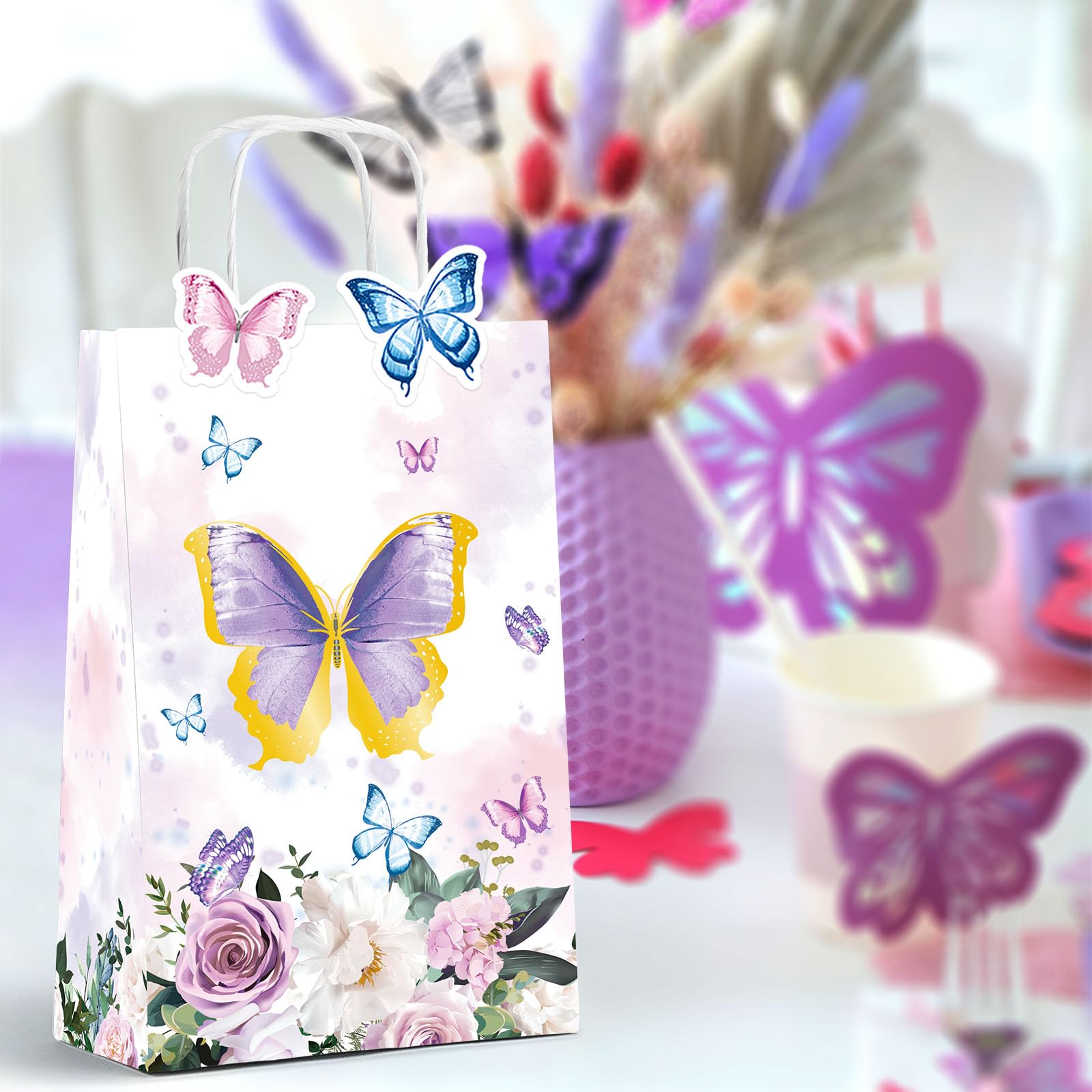 16-Piece Butterfly Candy Bags with Handles - Kraft Paper Goodie Bags for Wedding, Birthday Party & Baby Shower Favors - Perfect for Candy, Treats & Party Decorations