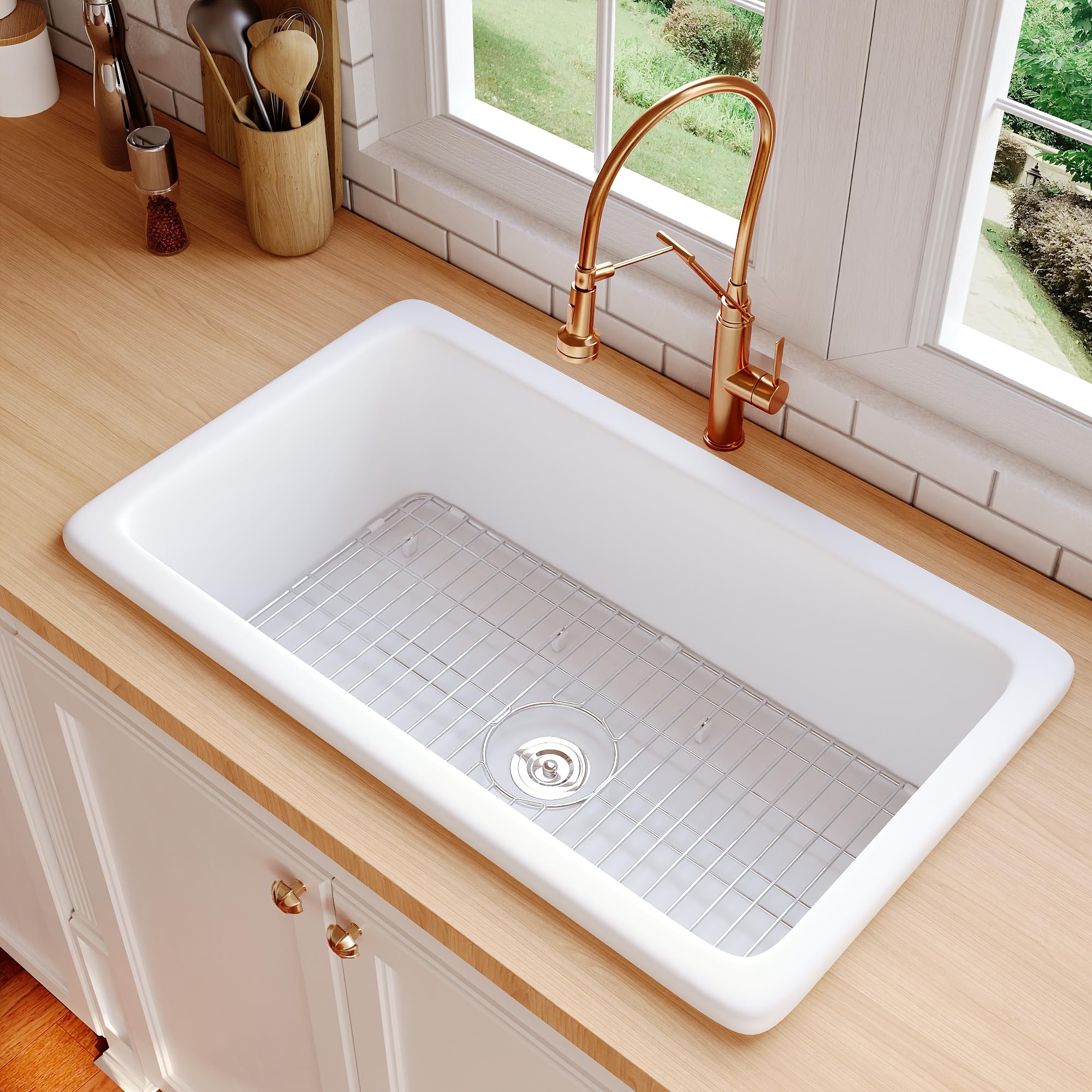 DeerValley Fireclay White Undermount Kitchen Sink - 32 x 19 Inch Single Bowl Farmhouse Sink with Grid & Basket Strainer - Perfect for Modern Farmhouse, Rustic, and Traditional Kitchen Designs