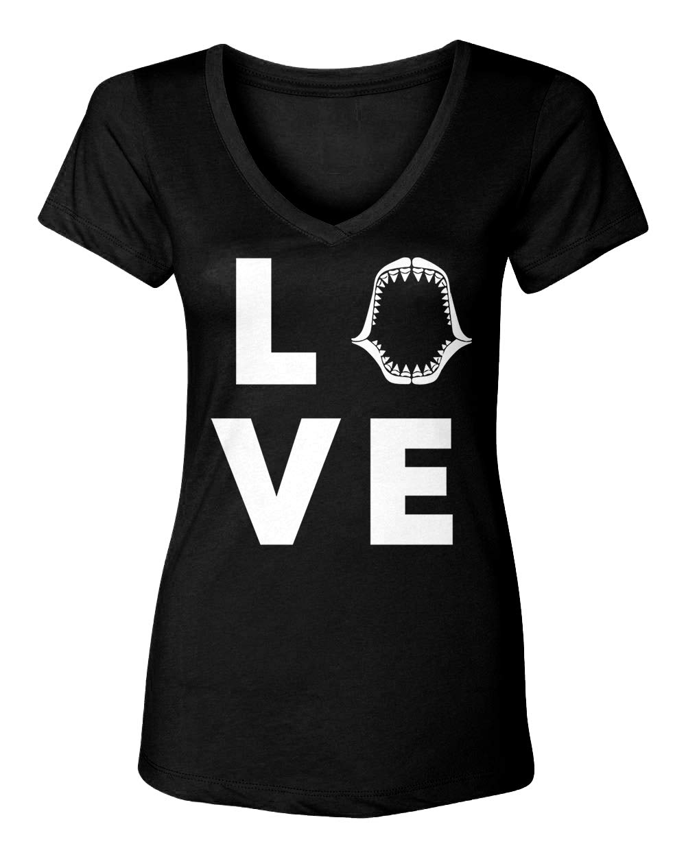 Love Shark Great White Shark Teeth Women's V-Neck T-Shirt - Stylish Casual Top for Beach Outings, Shark Week Events & Everyday Wear