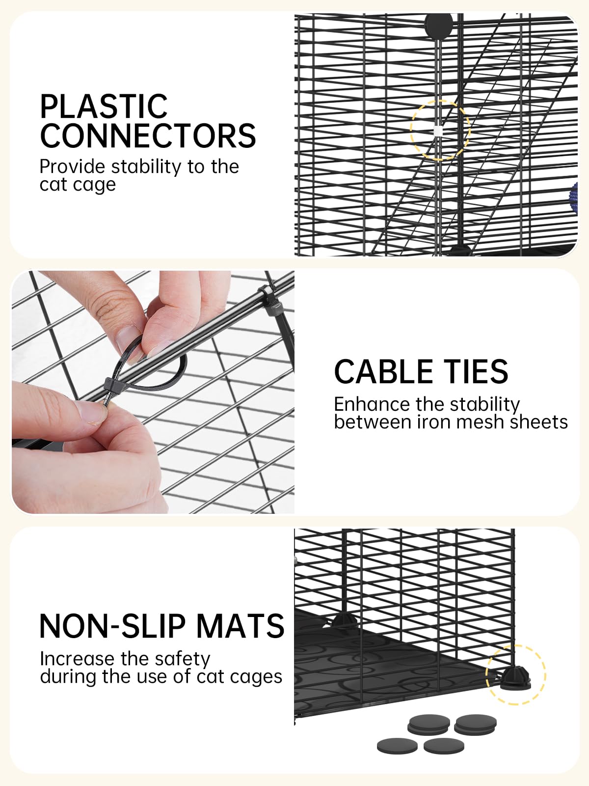3-Tier Indoor Cat Cage with Toy Ball & Hammock - Large Cat Enclosure for 2-3 Cats, DIY Detachable Metal Wire Playpen for Ferrets, Squirrels & Small Pets - Perfect for Home, Apartment & Pet Play Areas