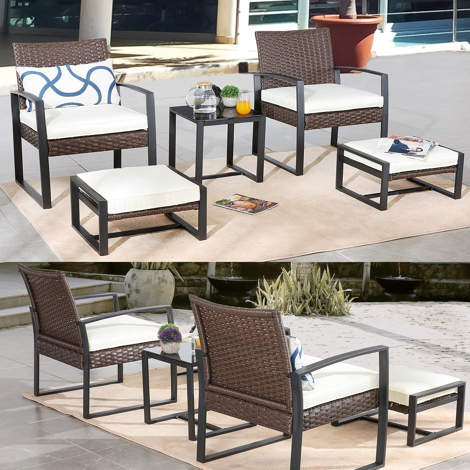 PatioFestival 5-Piece Wicker Outdoor Conversation Set with Beige Cushions & Ottoman - Perfect for Backyard, Garden, and Poolside Relaxation