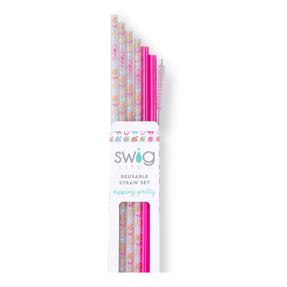 Go Baby Go Reusable Straw Set - 10 Pack Pink Glitter Stainless Steel Drinking Straws for Smoothies, Cocktails & Iced Coffee - Eco-Friendly, BPA-Free, Dishwasher Safe - Perfect for Parties, Travel & Home Use