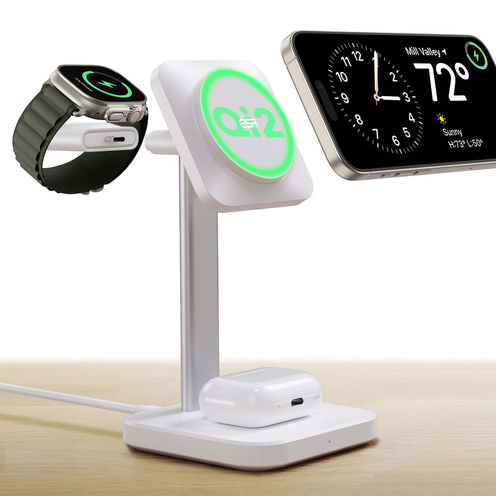 ESR Qi2 Certified 3-in-1 Wireless Charging Station - 15W MagSafe Charger Stand for iPhone 16/15/14/13, Apple Watch Charger & AirPods 4/3 - Fast Wireless Charger for Multiple Devices (White) | Perfect for Home, Office & Travel