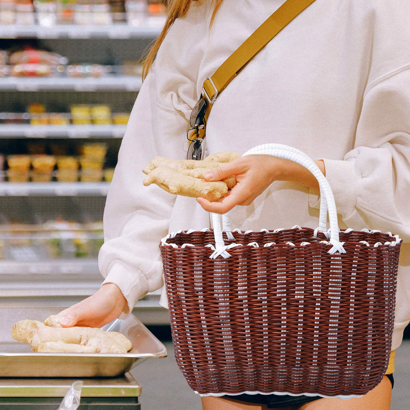 Eco-Friendly Plastic Woven Storage Basket with Handle - Rattan Style Shopping Tote for Groceries, Fruits & Home Organization - Perfect for Kitchen, Bathroom & Moroccan Market Shopping