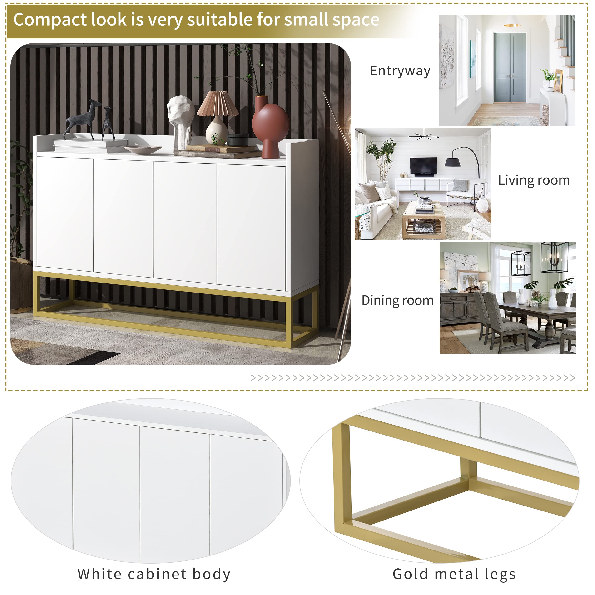 Modern White Sideboard Console Table with Metal Legs & Adjustable Shelf, Elegant Buffet Cabinet for Dining Room, Living Room, Entryway Storage Solution