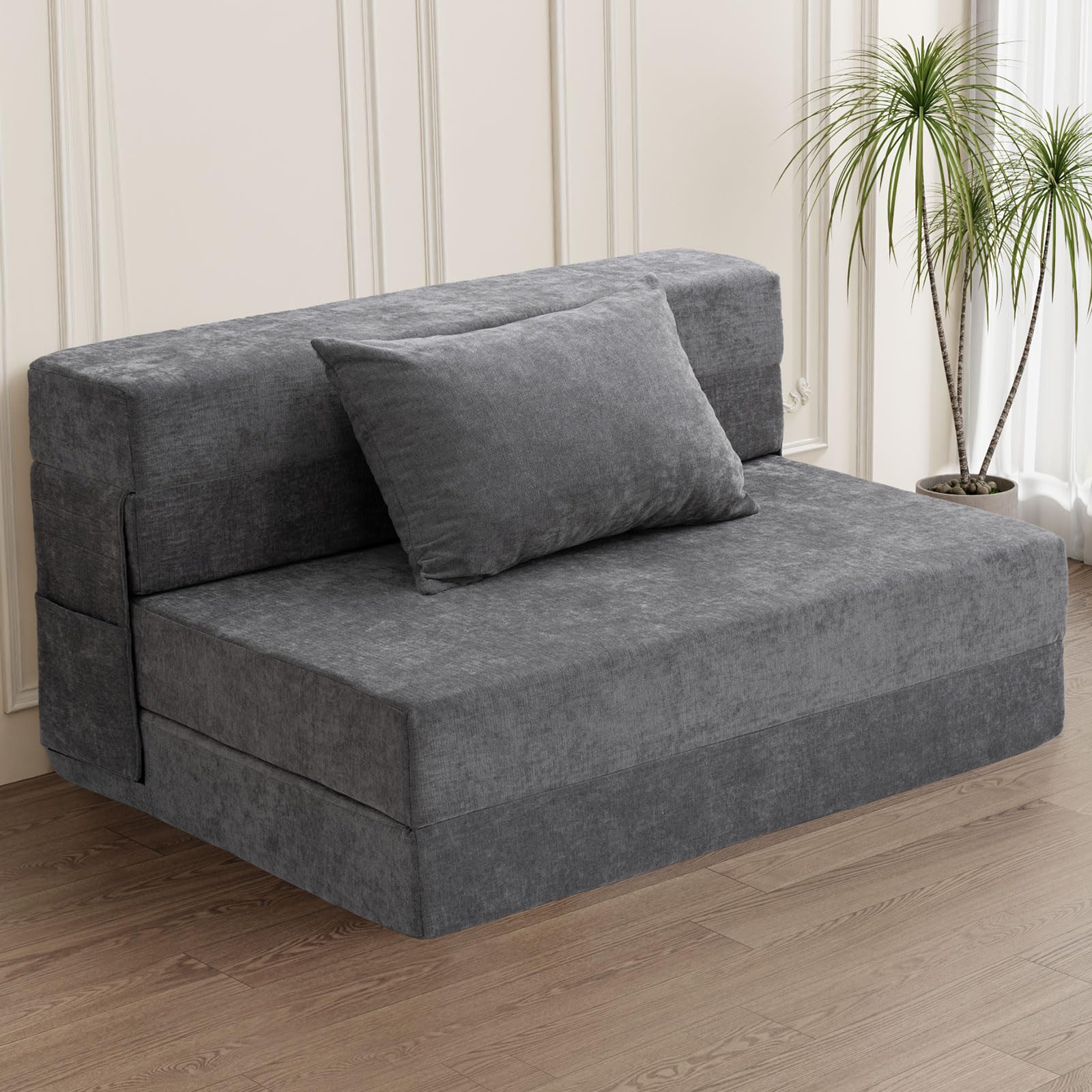 HOMFINE Folding Sofa Bed - Convertible Sleeper Chair with Pillow, Twin Size Gray Futon Couch for Small Spaces | Fold Out Couch & Foam Floor Mattress | Perfect for Living Room, Dorm, Guest Room & Home Office | Space-Saving Multi-Functional Furniture for Relaxing, Lounging & Overnight Guests