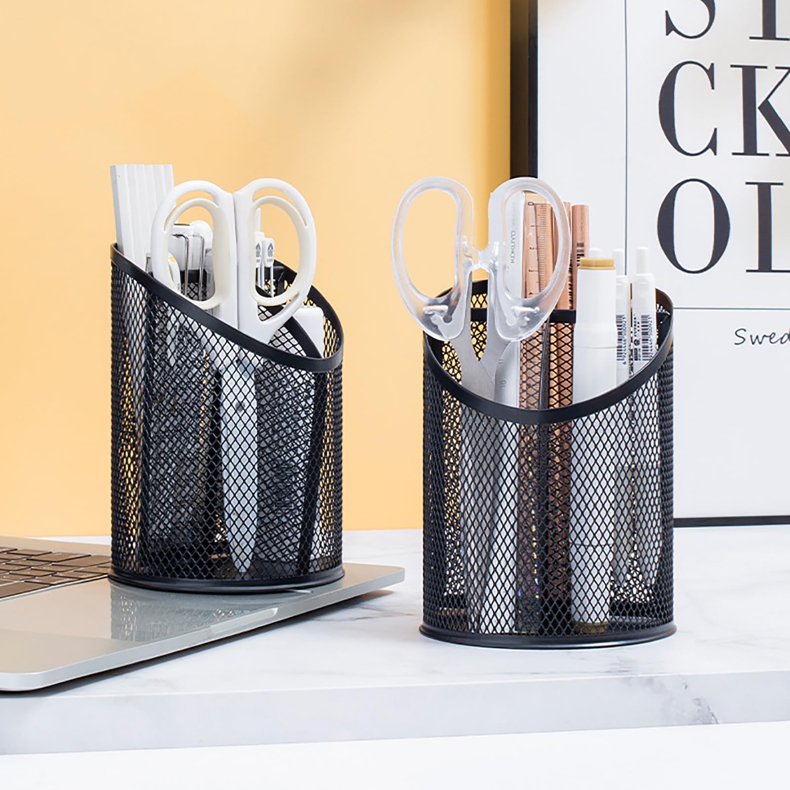 Nicunom 4 Pack Black Metal Mesh Pen Holder - Round Steel Desk Organizer with 3 Compartments for Pencils, Pens & Office Supplies | Perfect for Home, Office & School Organization