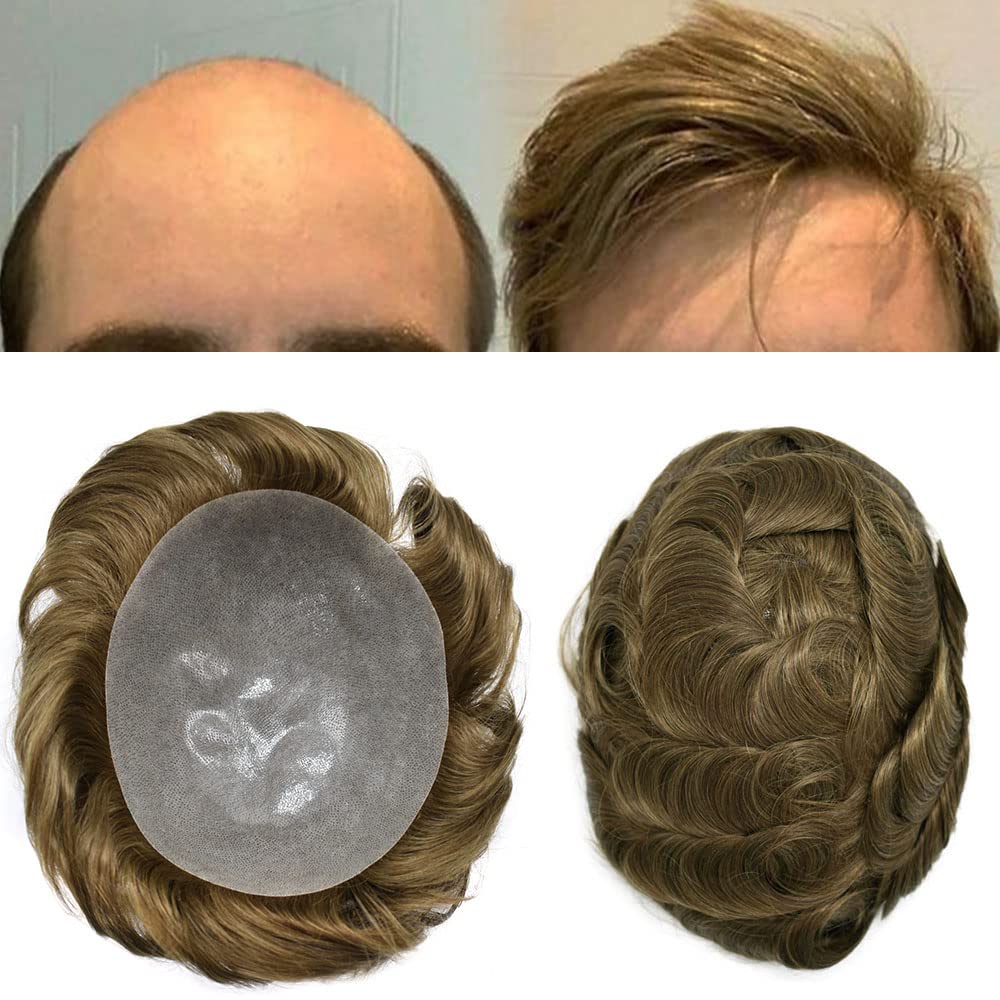 Premium 100% European Human Hair Toupee for Men - 0.12mm Thin Skin V-looped Hair Replacement System with Durable Poly Base (8