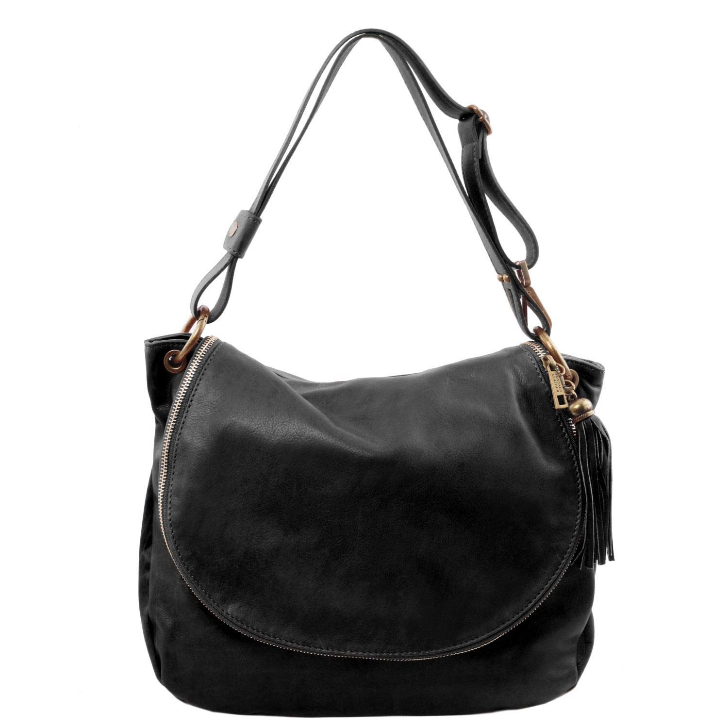 Tuscany Leather Shoulder Bag for Women - Soft Genuine Leather Crossbody Purse with Tassel Detail in Black | Perfect for Work, Travel & Everyday Use