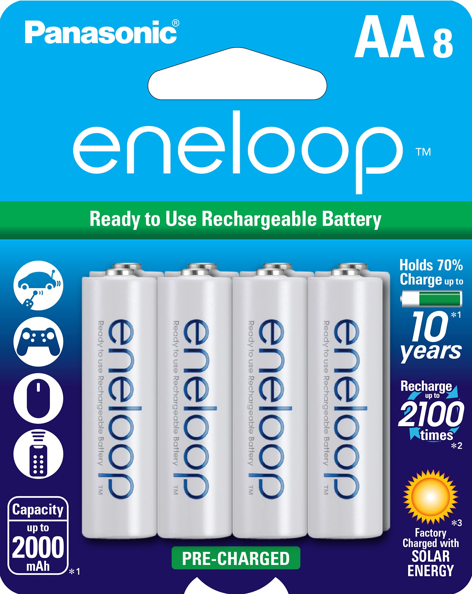 Panasonic eneloop pro AAA High Capacity Rechargeable Batteries (8-Pack) & eneloop AA 2100 Cycle Ni-MH Batteries (8-Pack) - Perfect for Cameras, Flashlights, Gaming Controllers and Smart Home Devices
