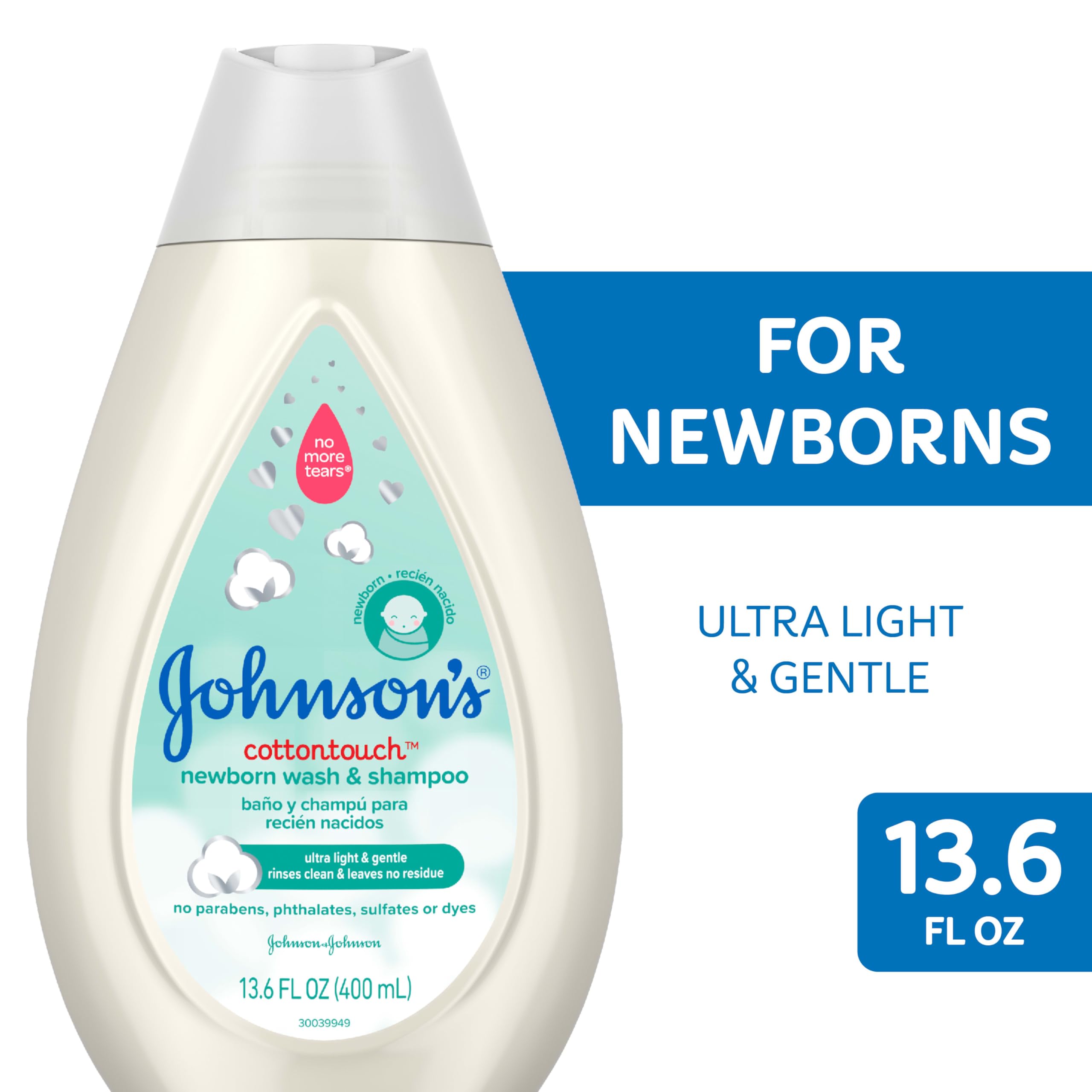 Johnson's CottonTouch Newborn Baby Body Wash & Shampoo | Gentle Tear-Free Formula with Real Cotton | Sulfate & Paraben-Free for Sensitive Skin | 13.6 fl oz | Perfect for Daily Bath Time & Newborn Care
