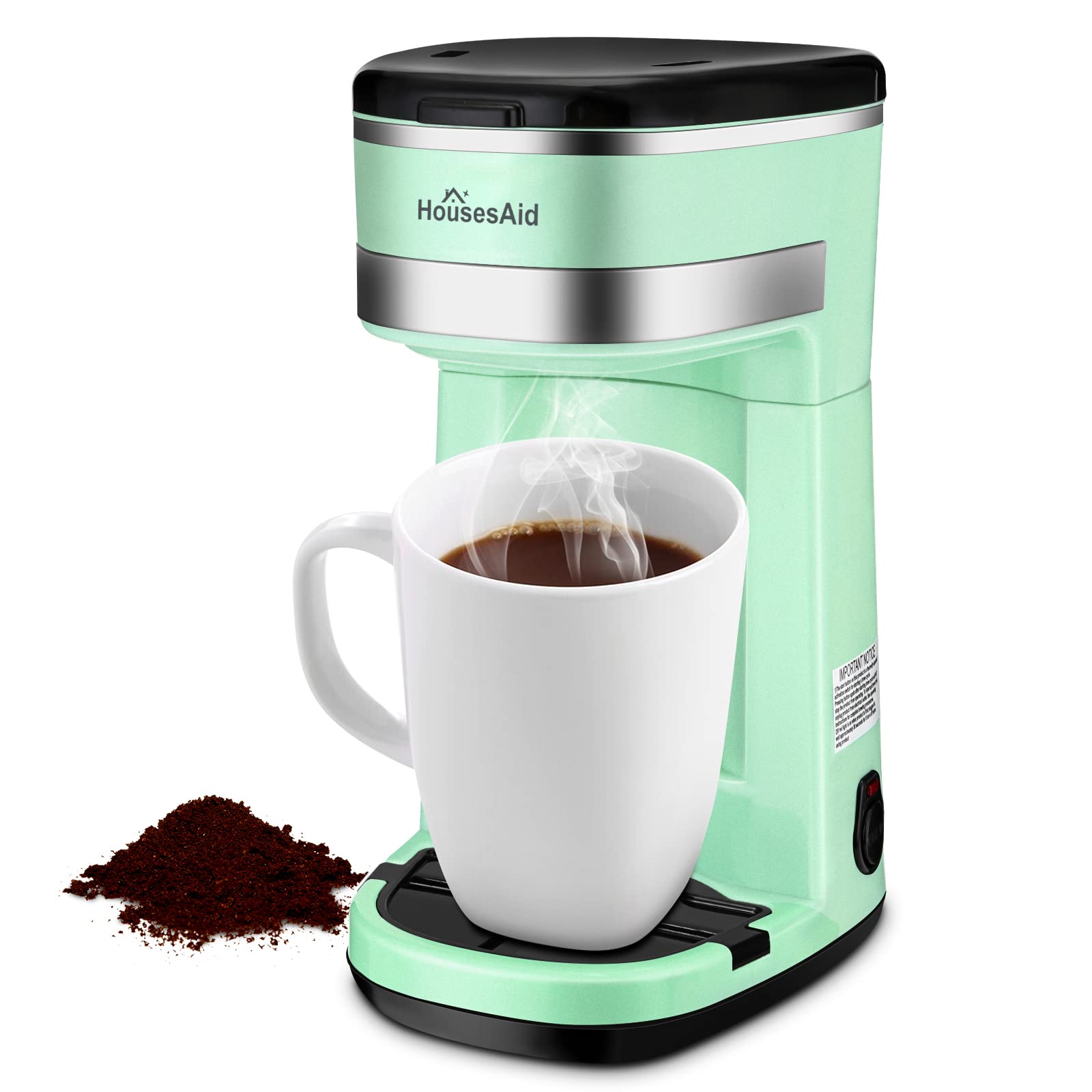 Single Serve Coffee Maker - Portable One Cup Coffee Machine with Reusable Filter & One-Touch Control, 15oz/450ml Compact Brewer for Camping, Travel, Office & Home Use - Easy to Clean & Store, Green