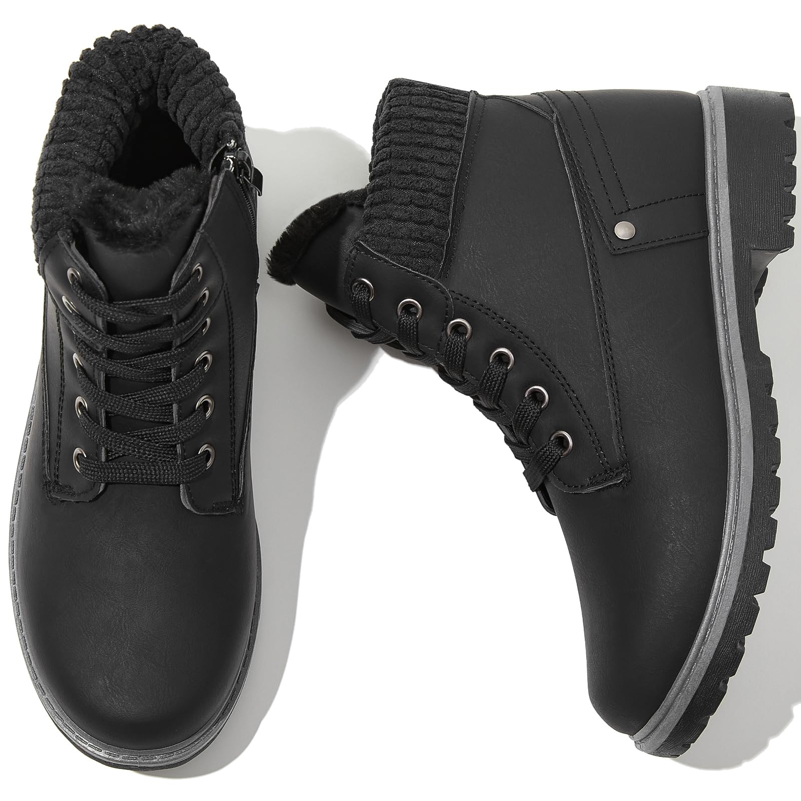 POVOGER Women's Black Ankle Boots - Winter Snow Boots with Fuzzy Lining & Side Zipper - Warm Combat Booties for Women - Perfect for Snowy Days, Casual Outfits & Winter Fashion