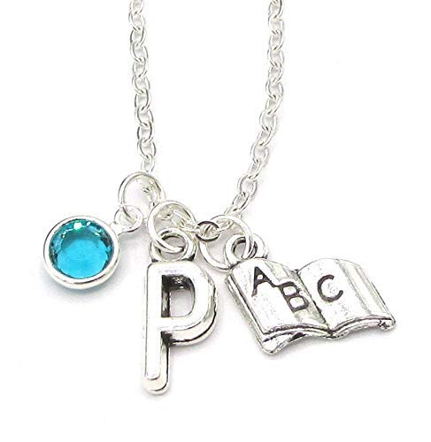 Personalized ABC Book Necklace with Birthstone & Initial - Custom Teacher Jewelry Gift for Women - Perfect for Teacher Appreciation, Birthday, Mother's Day & Graduation Gifts