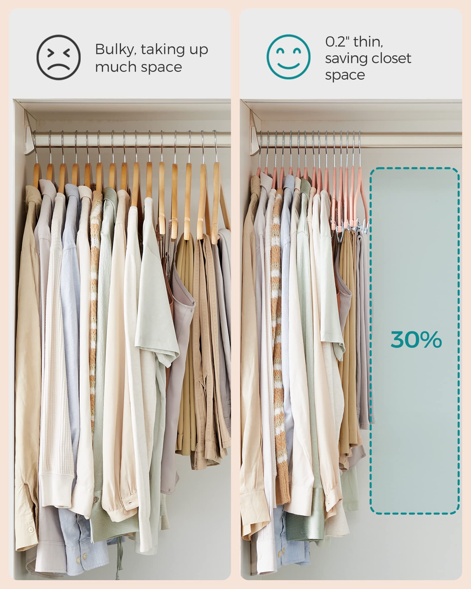 SONGMICS 30-Pack Velvet Non-Slip Pants Hangers with Adjustable Clips - 16.7 Inch Heavy Duty Clothes Hangers for Skirts, Coats, Dresses - Space Saving Closet Organization for Wardrobe, Laundry Room & Travel Packing (Light Pink, UCRF12PK30)