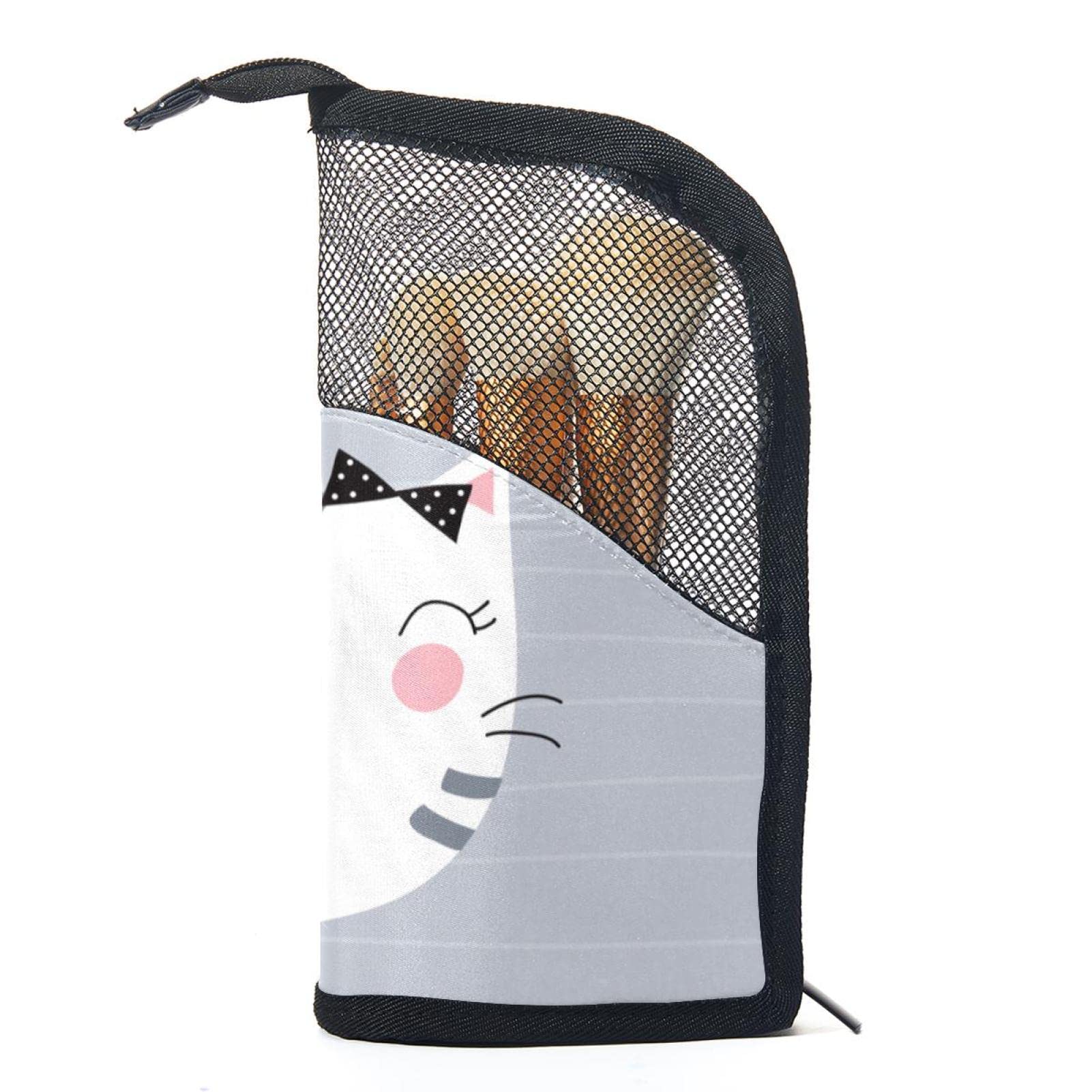 **12-Piece Makeup Brush Organizer Bag with Gray Cat & Bird Design - Portable Travel Cosmetic Brush Holder Case for Professional & Home Use**