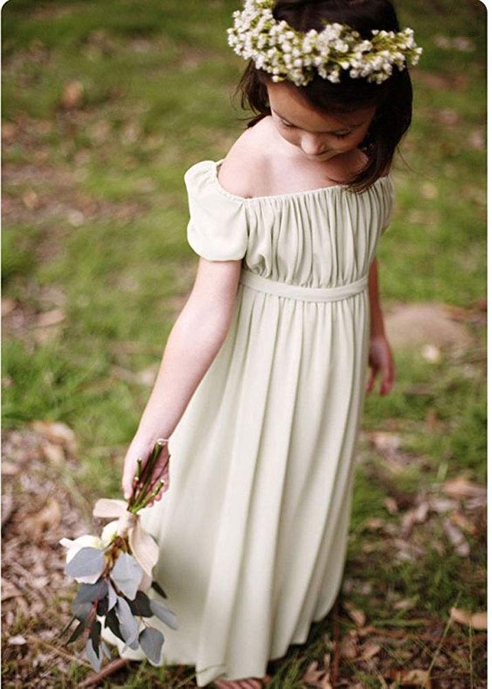 Bohemian Flower Girl Dress for Beach Wedding - Chiffon Off Shoulder Boho Dress for Kids - Floor Length Flower Crown Accessory - Perfect for Outdoor Ceremonies, Garden Parties & Photoshoots
