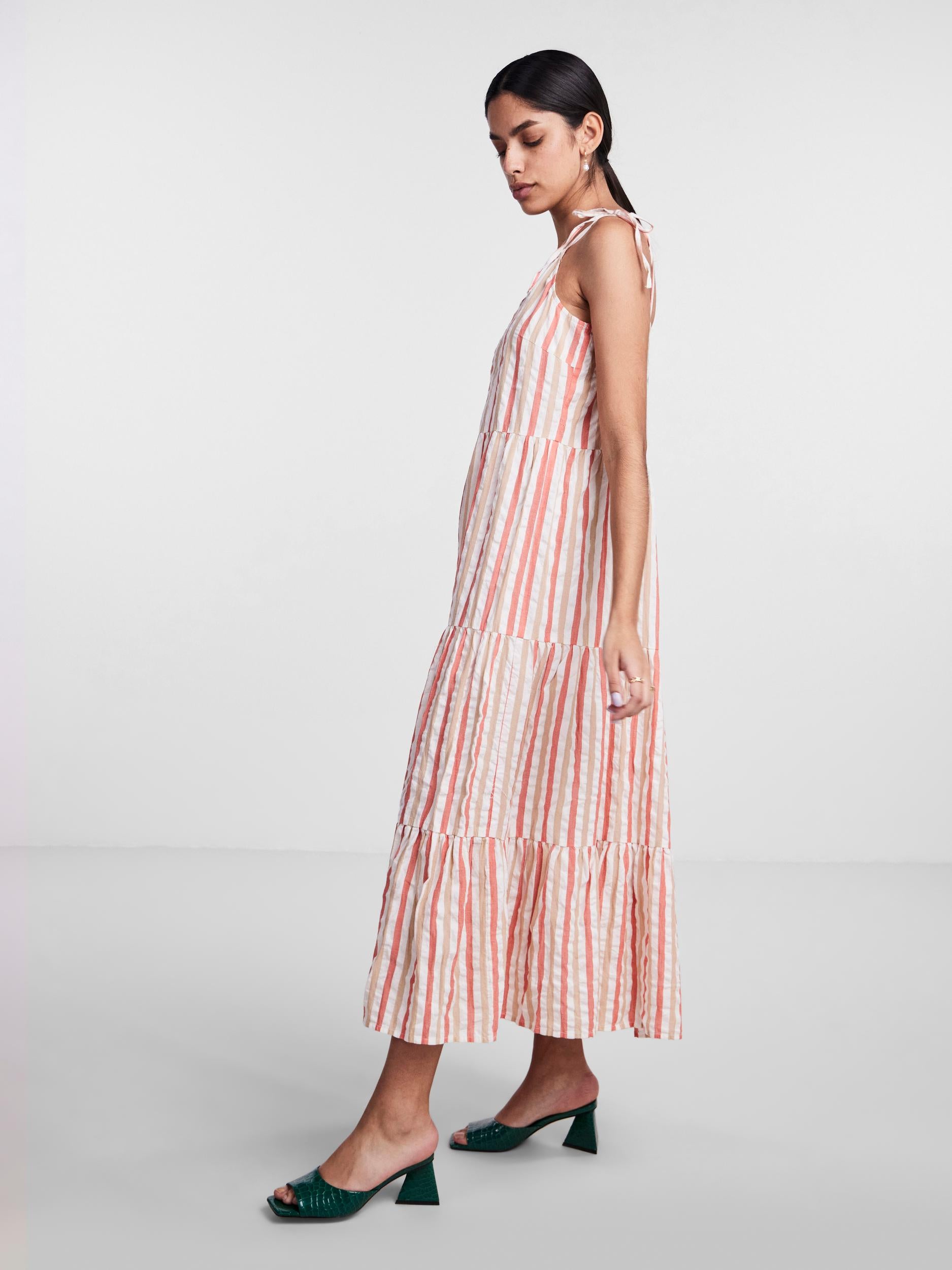 Lacey Maxi Dress Coral Stripe - Elegant Flowy Long Dress for Women, Perfect for Beach Vacations, Summer Parties, and Casual Outings