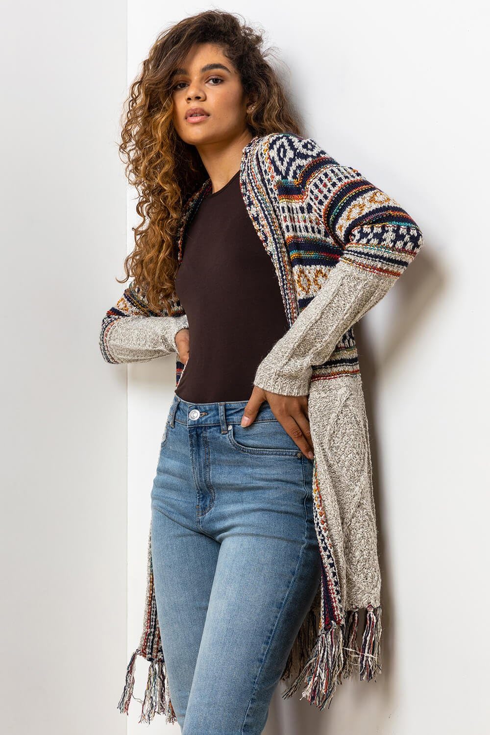 Roman Originals Women's Longline Cardigan - Cozy Open Front Coatigan with Tassel Details, Textured Yarn Pattern for Autumn & Winter | Perfect for Work, Casual Outings and Layering