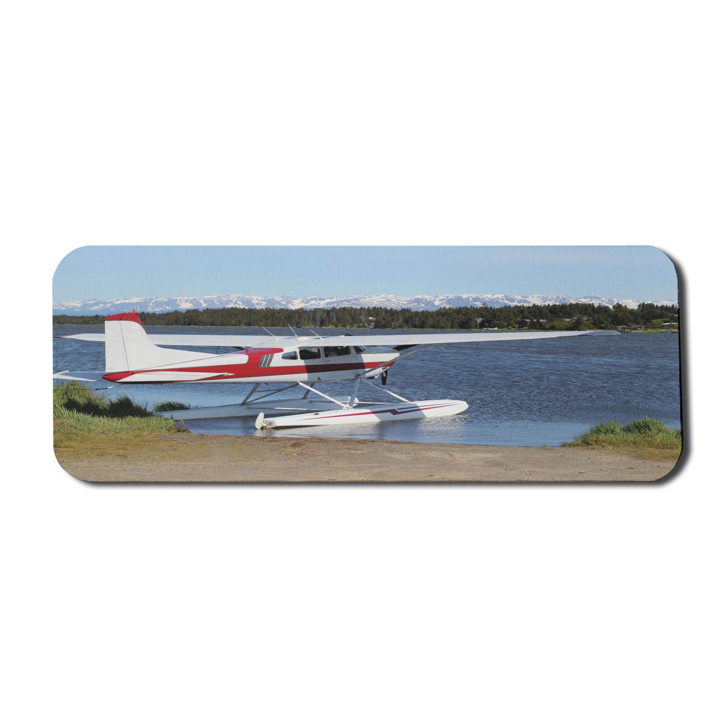 Ambesonne Airplane Themed Mouse Pad - Non-Slip Rubber Gaming Mousepad with Scenic Floatplane Lake Landscape Design, 31x12 Inches Large Size (White/Red/Blue) - Perfect for Office, Home & Gaming Setup