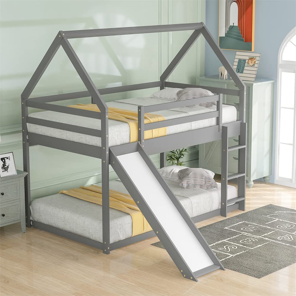 Solid Wood Twin Over Twin Bunk Bed with Slide & Ladder - Low Loft Bed Frame with Safety Guardrail & Underbed Storage - No Box Spring Needed - Perfect for Kids' Bedroom, Dorm Room, or Small Space (Gray)