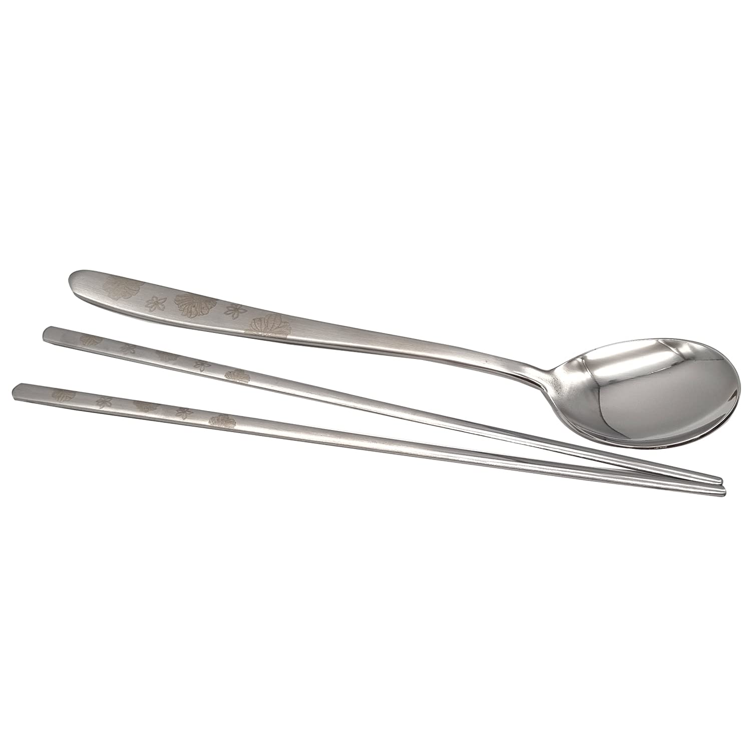 SUPIA Korean Traditional Stainless Steel Cutlery Set - 4 Spoons & 4 Chopsticks with Long Handle, Reusable Tableware (Silver Flower Design) - Perfect for Korean BBQ, Asian Dining, and Home Kitchen Use