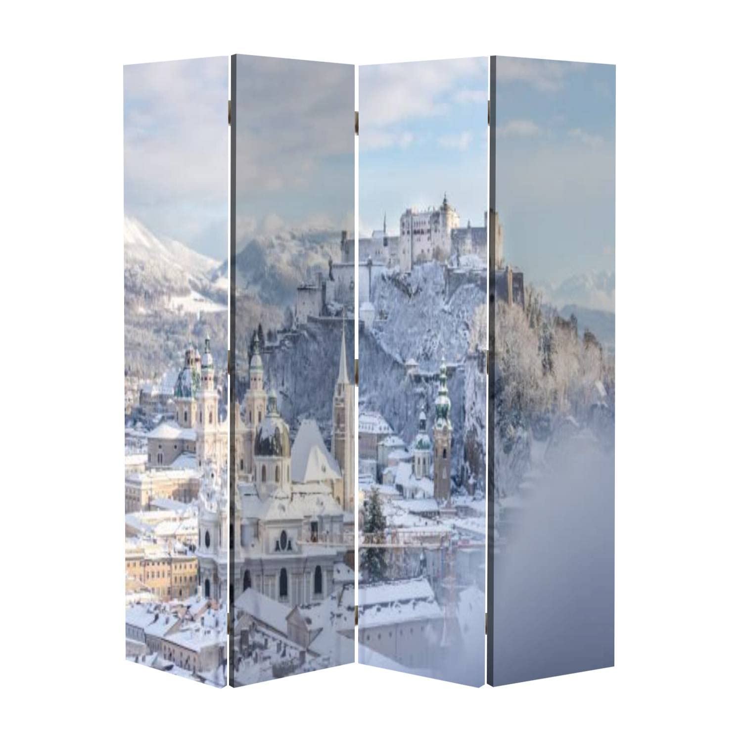Wooden Room Divider Folding Screen - 4-Panel Privacy Partition with Dual-Sided Canvas Design for Home & Office | Indoor Display Shelves & Decorative Wall Divider | Perfect for Living Rooms, Bedrooms, and Studio Spaces