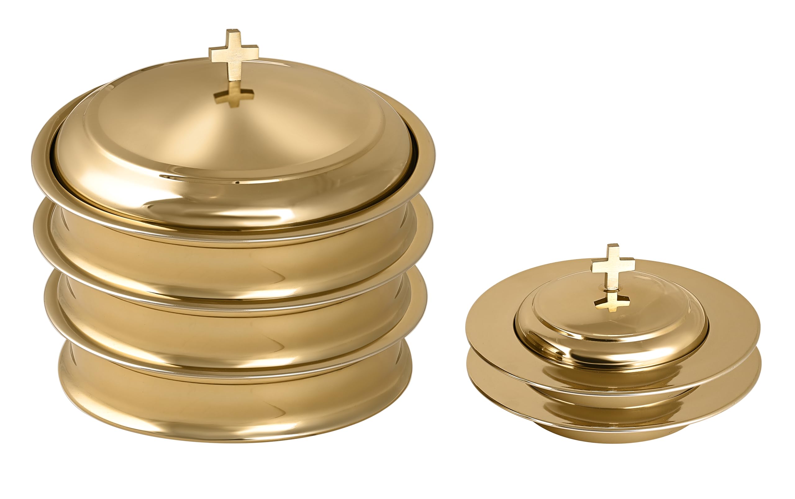 Stainless Steel Communion Ware Set - 3 Holy Wine Serving Trays with Lids & 2 Stacking Bread Plates (Brass/Gold Finish) for Church Services, Weddings, and Religious Ceremonies