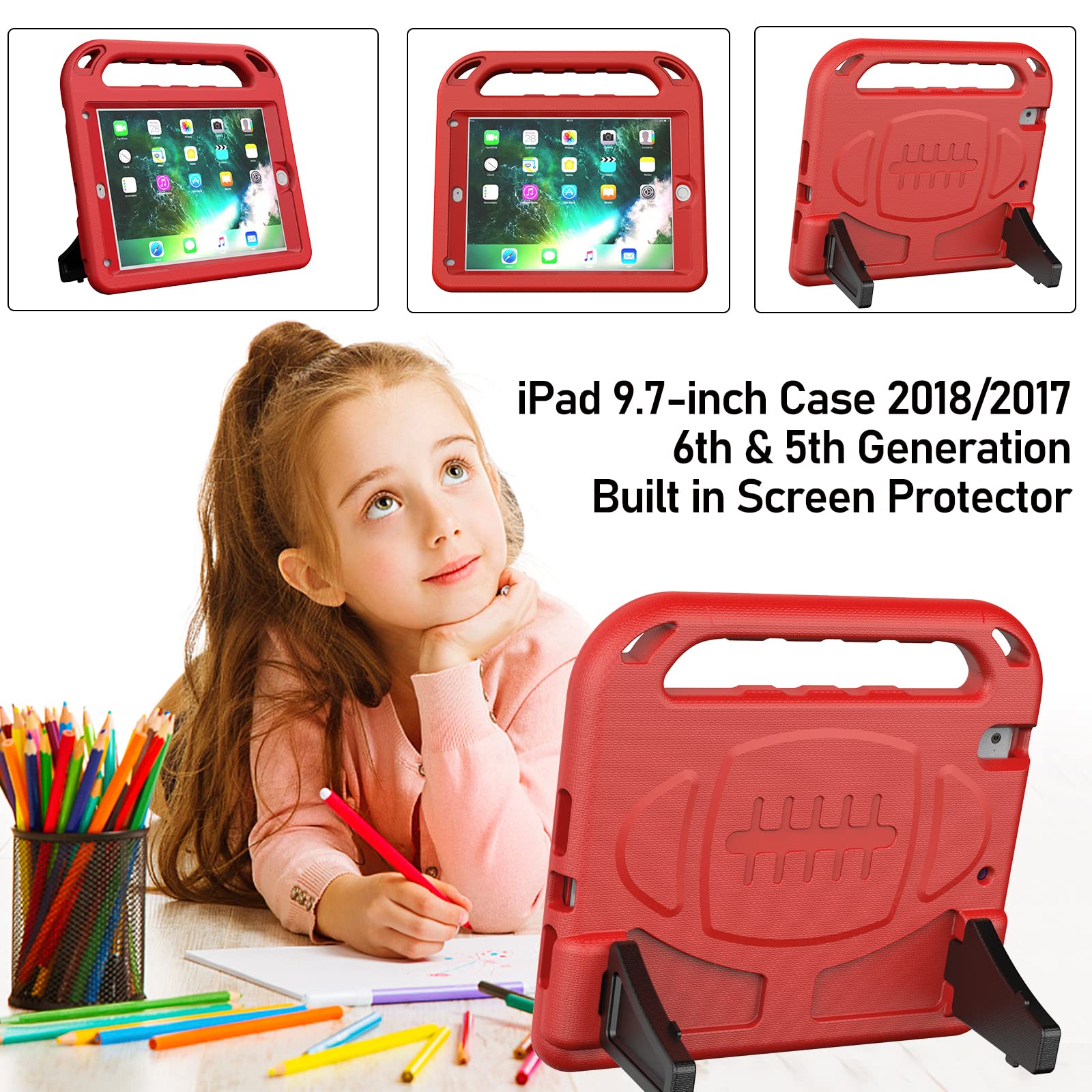 LTROP Shockproof Kids iPad Case for iPad 6th/5th Generation & iPad Air 2 (9.7 Inch 2018/2017) - Built-in Screen Protector with Handle Stand | Durable Protective Cover for Children's iPad 6/5/Air 2 | Perfect for School, Travel & Home Use (Red)