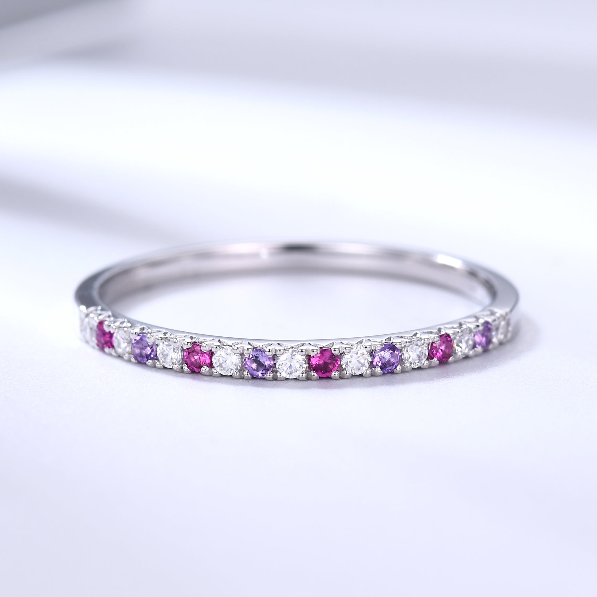 Multi Gemstone Wedding Band - Half Eternity Moissanite, Amethyst & Ruby Stacking Ring for Women | Perfect for Bridal Sets, Anniversary Gifts & Family Jewelry Collections