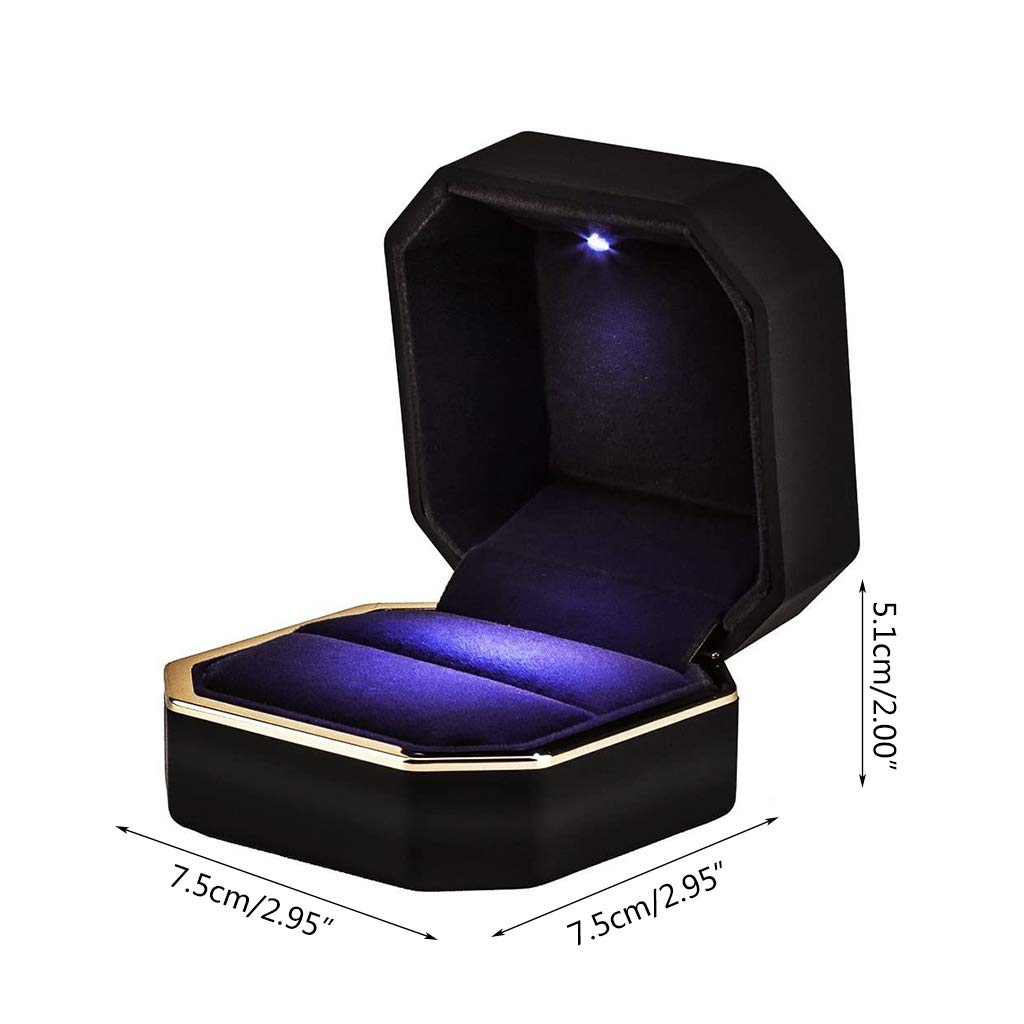 Luxury Velvet Ring Box with LED Light - Square Wedding Jewelry Gift Box for Proposal, Engagement & Wedding - Perfect for Surprise Proposals, Anniversary Gifts & Bridal Accessories (Black)